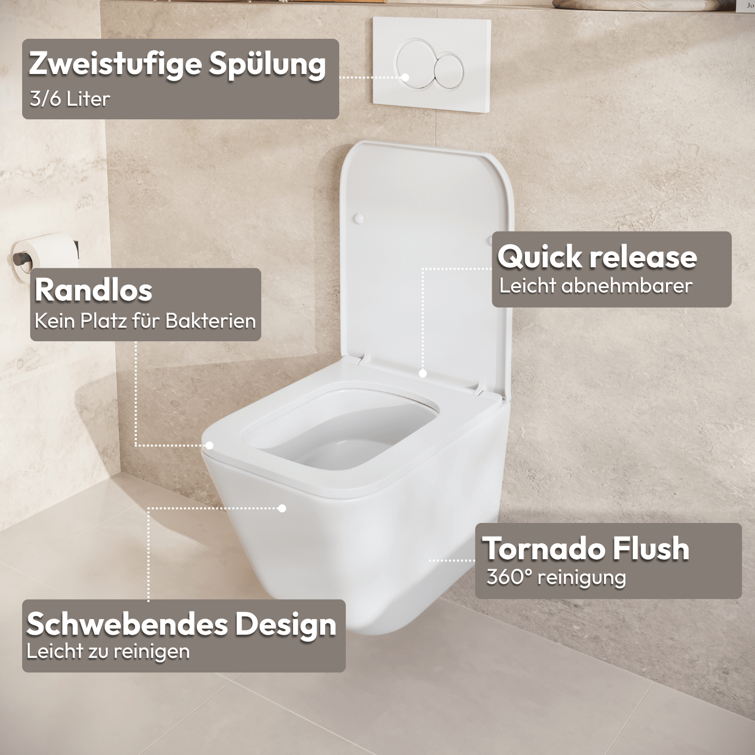 Hangtoilet met Inbouwreservoir - Vierkant Wit - Drukplaat Rond Wit - Linea - lomazoo.com