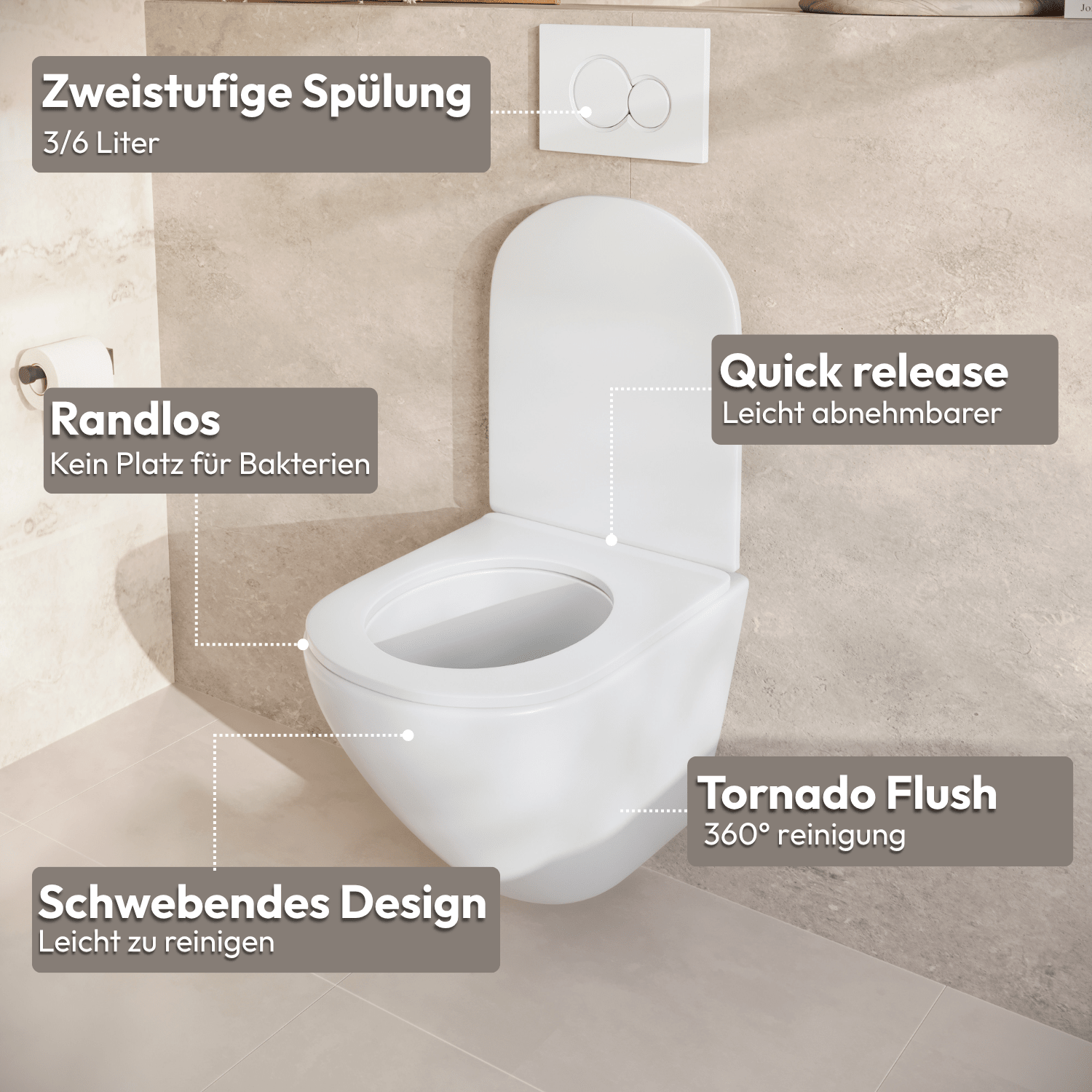 Hangtoilet met Inbouwreservoir - Rond Wit - Drukplaat Rond Chroom - Linea - lomazoo.com