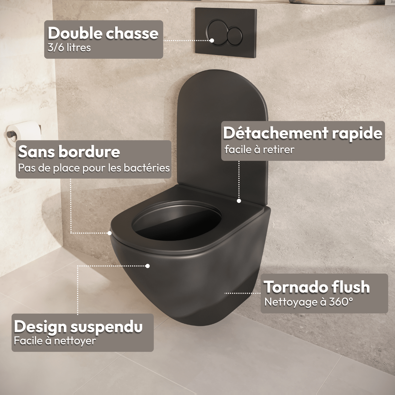 Hangtoilet met Inbouwreservoir - Rond Zwart - Drukplaat Vierkant Goud - Linea - lomazoo.com