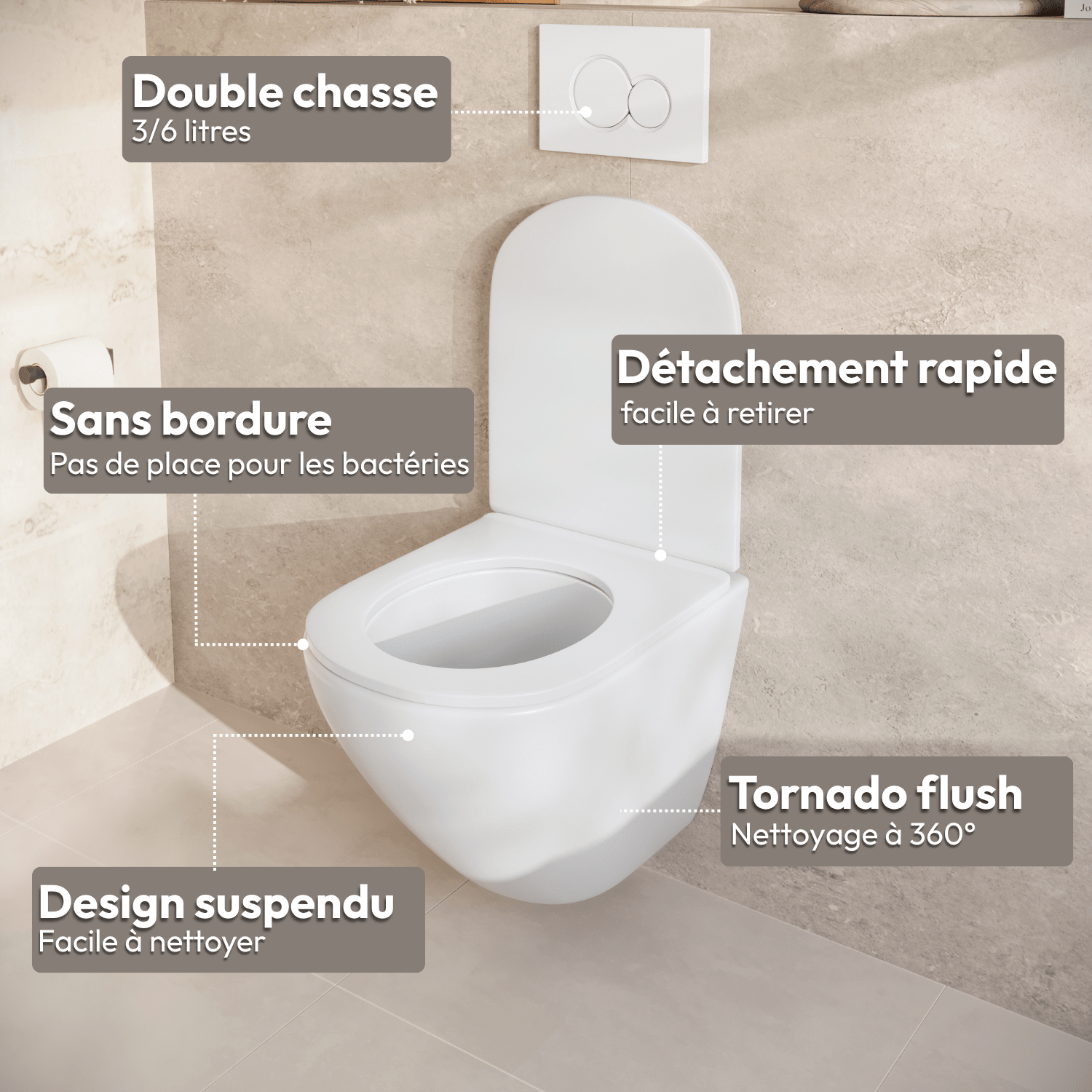 Hangtoilet met Inbouwreservoir - Rond Wit - Drukplaat Rond Gunmetal - Linea - lomazoo.com