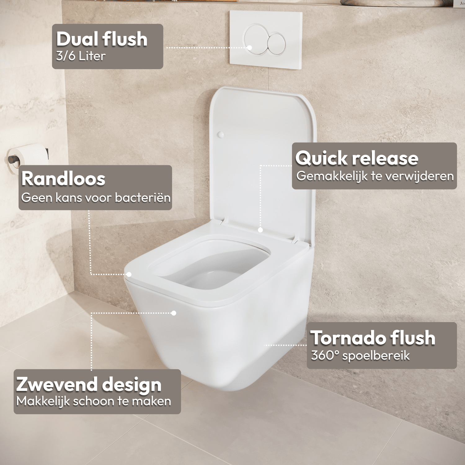 Hangtoilet met Inbouwreservoir - Vierkant Wit - Drukplaat Vierkant Gunmetal - Linea - lomazoo.com