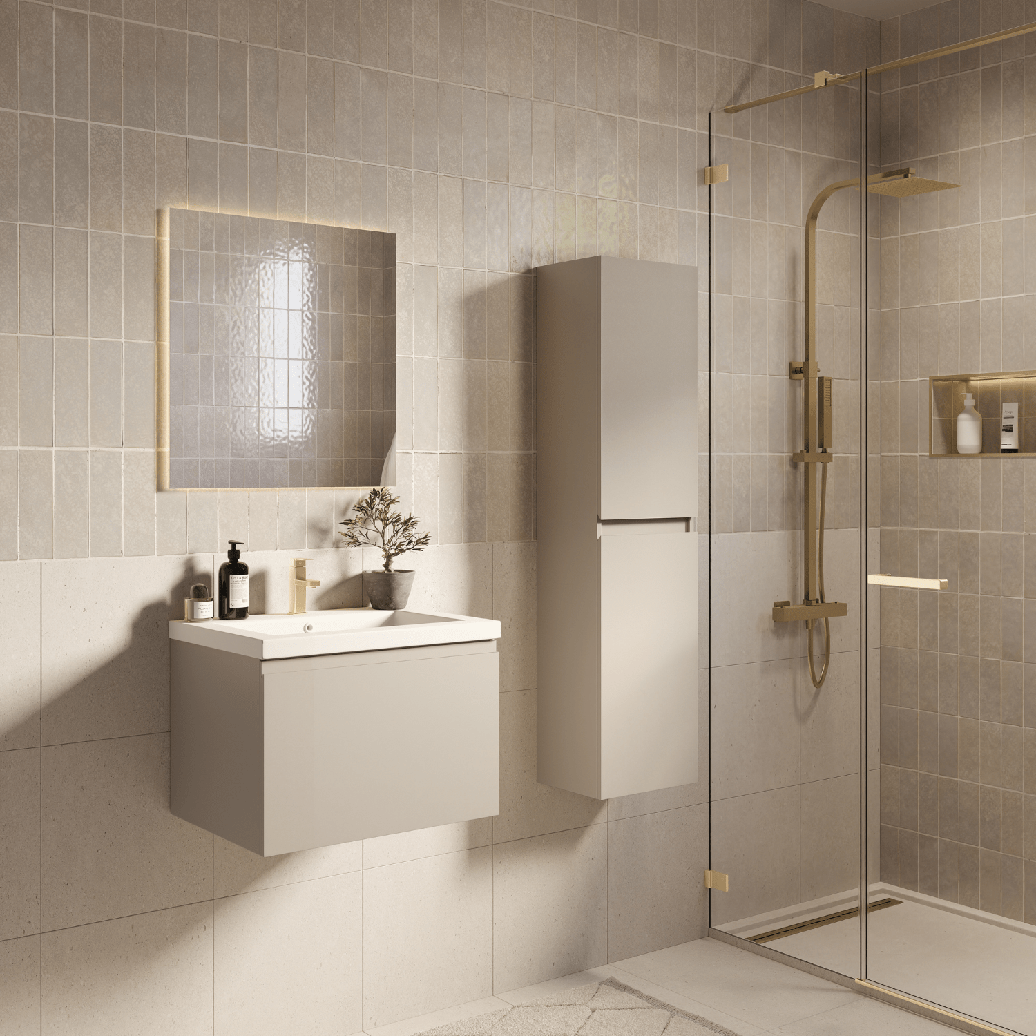 Badmeubelset SORRENTO 60cm - Met Kolomkast - Greige - Wastafel Wit - lomazoo.com