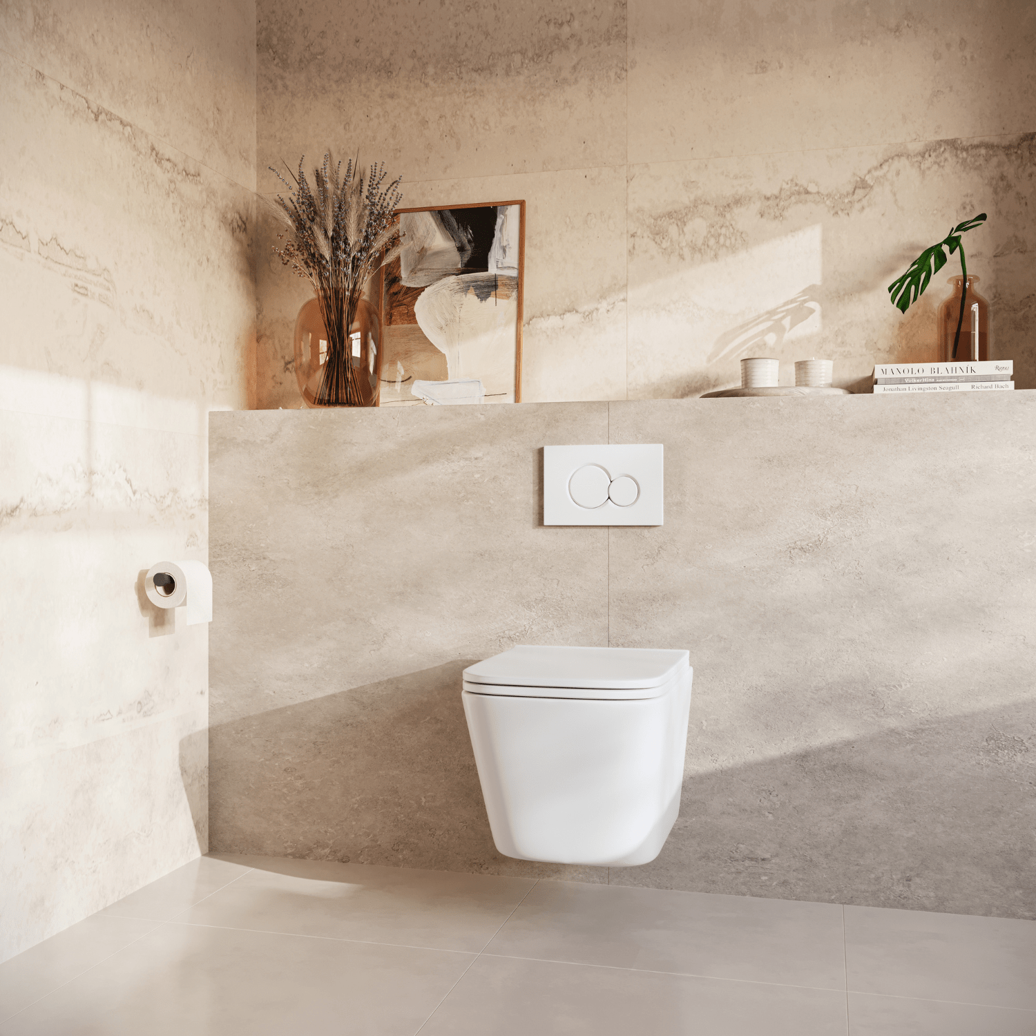 Hangtoilet met Inbouwreservoir - Vierkant Wit - Drukplaat Rond Wit - Linea - lomazoo.com