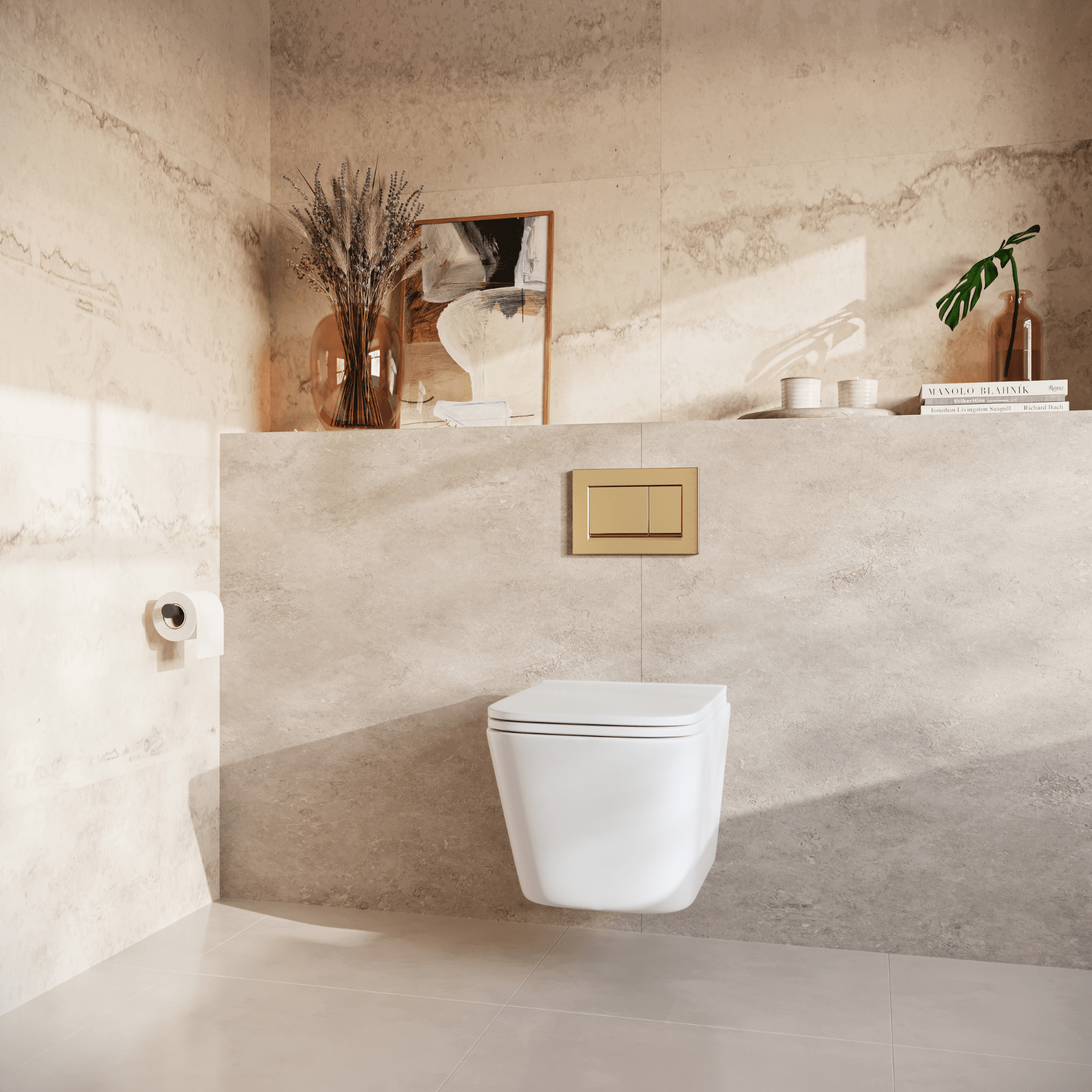 Hangtoilet met Inbouwreservoir - Vierkant Wit - Drukplaat Vierkant Goud - Linea - lomazoo.com