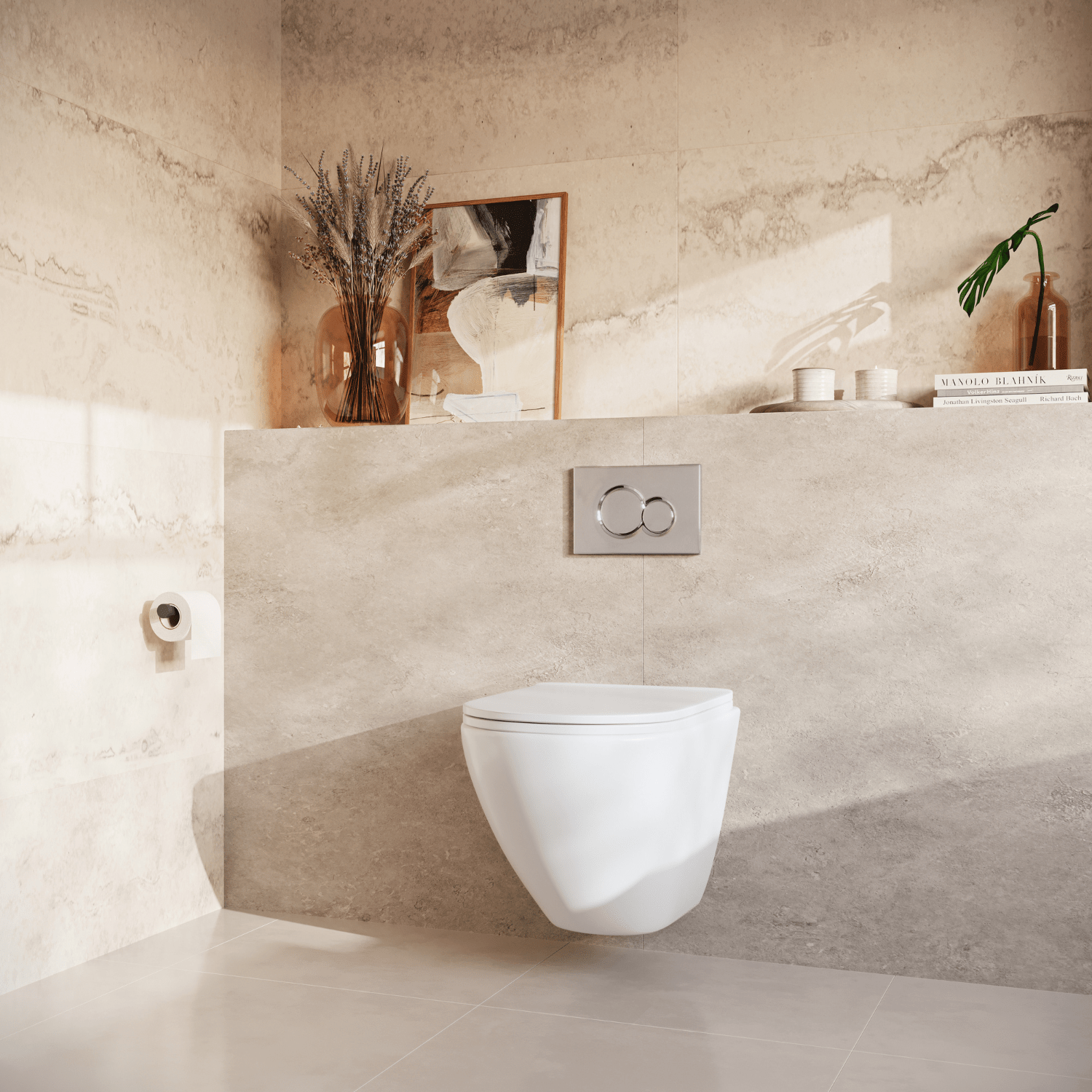 Hangtoilet met Inbouwreservoir - Rond Wit - Drukplaat Vierkant Chroom - Linea - lomazoo.com