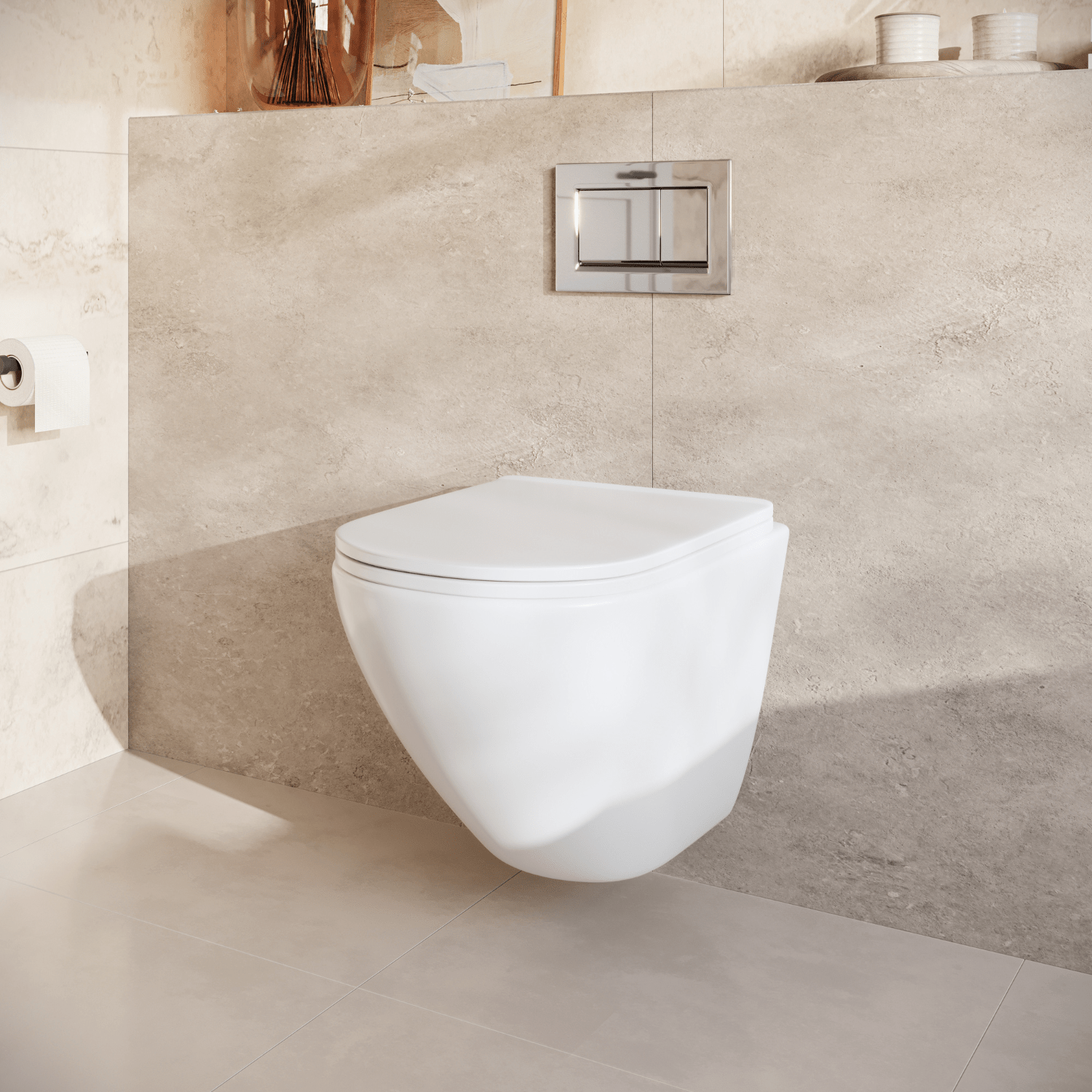 Hangtoilet met Inbouwreservoir - Rond Wit - Drukplaat Vierkant Chroom - Linea - lomazoo.com