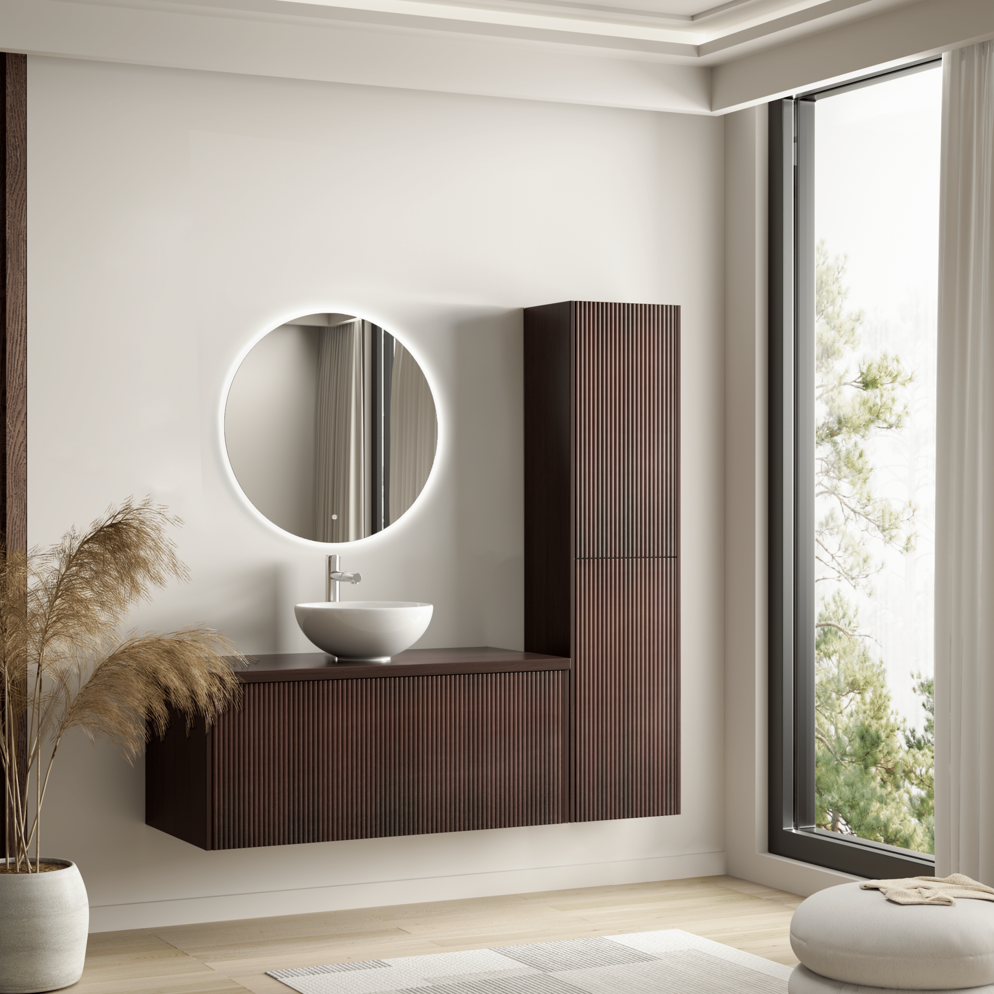 Badmeubelset TROPANI 100 cm - Walnoot - Ribbel front - Waskom Wit - lomazoo.com