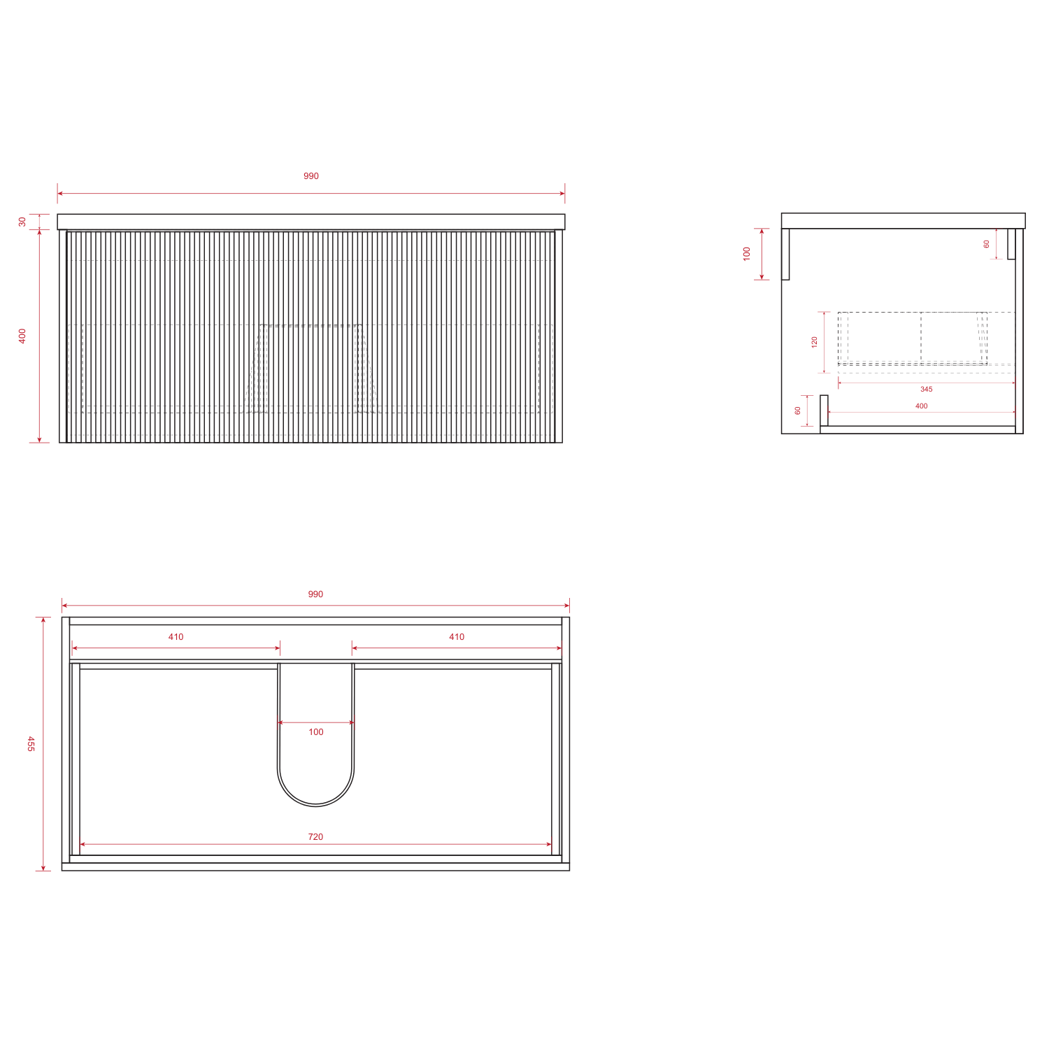 Badmeubelset TROPANI 100 cm - Walnoot - Ribbel front - Waskom Zwart - lomazoo.com