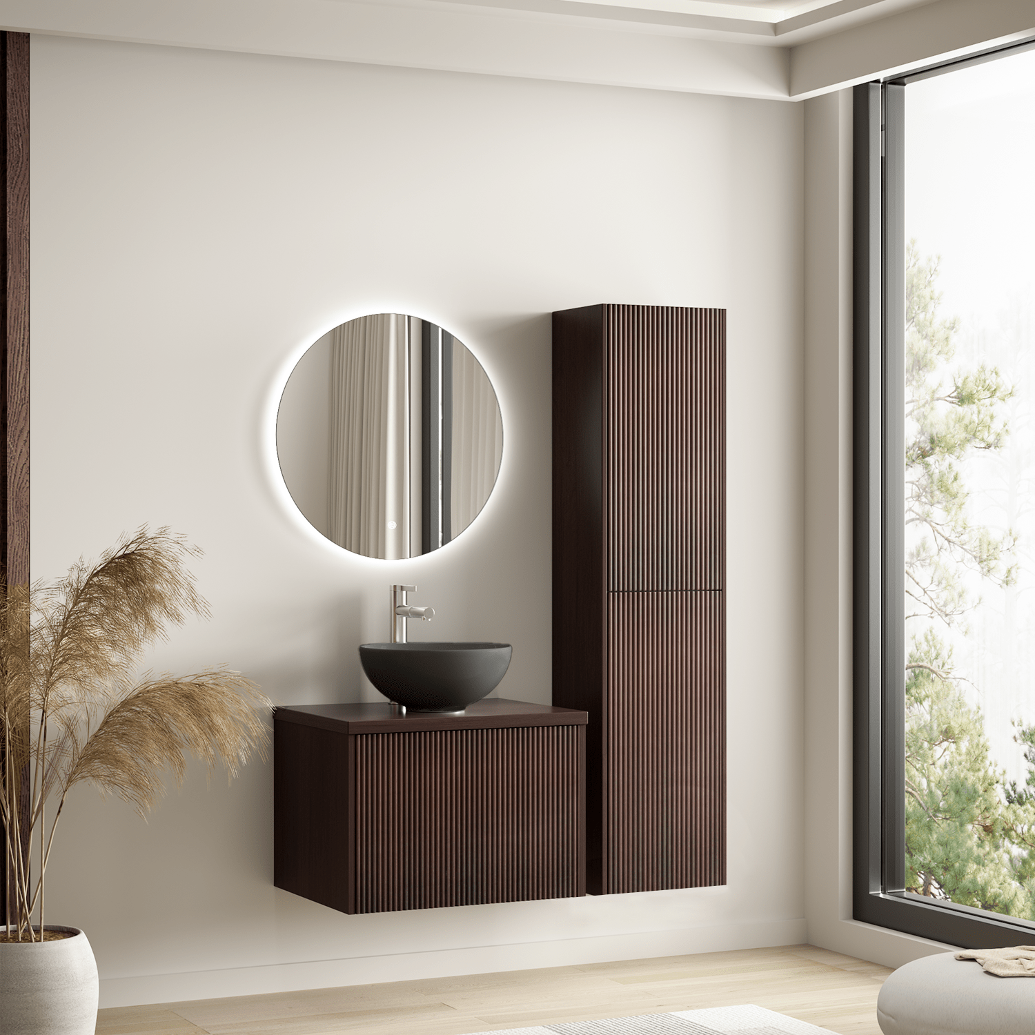 Badmeubelset TROPANI 60 cm - Walnoot - Ribbel front - Waskom Zwart - lomazoo.com