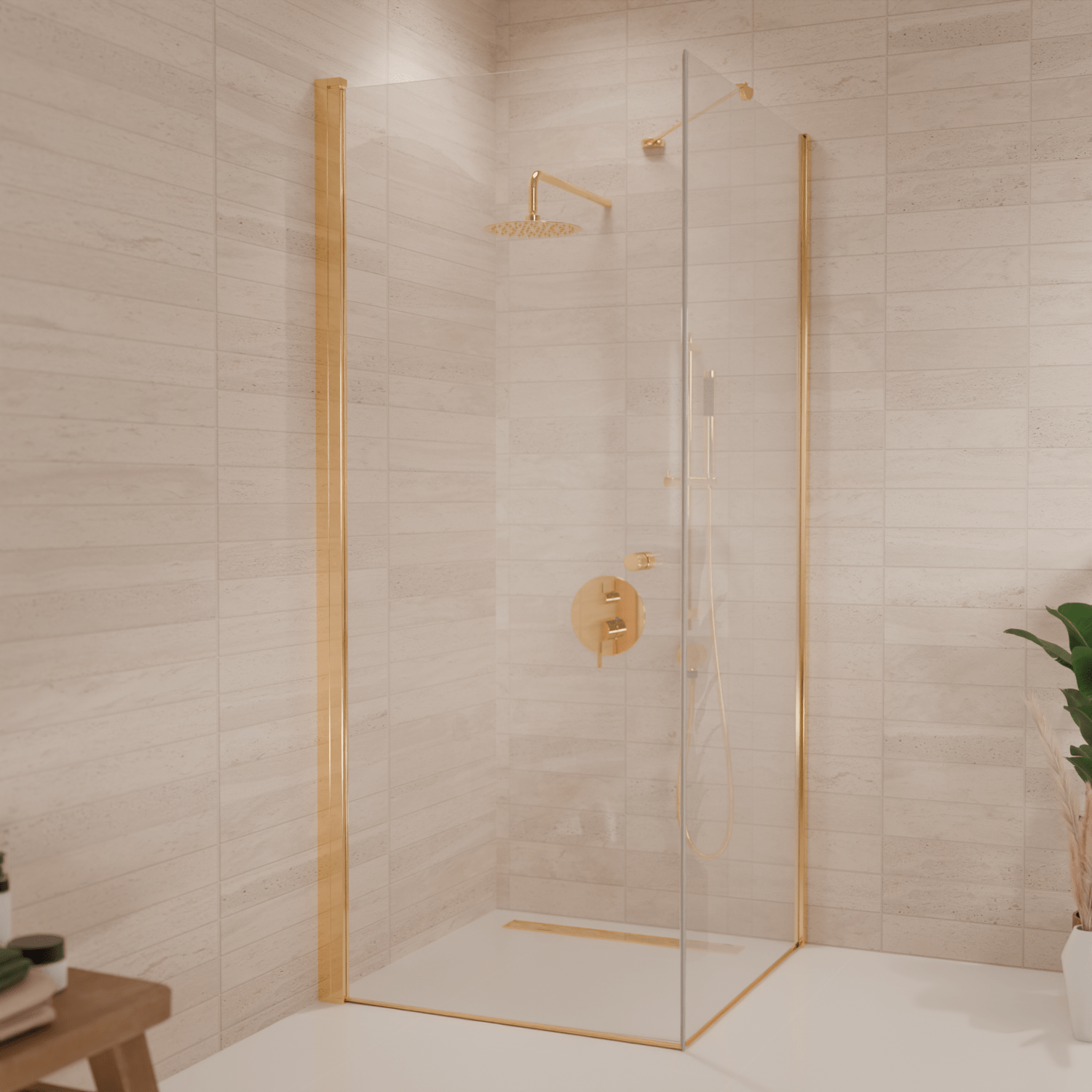 Douchecabine Medellin 90 x 90 x 200 cm - Glanzend Goud - Nano Coating - Draaideur - lomazoo.com
