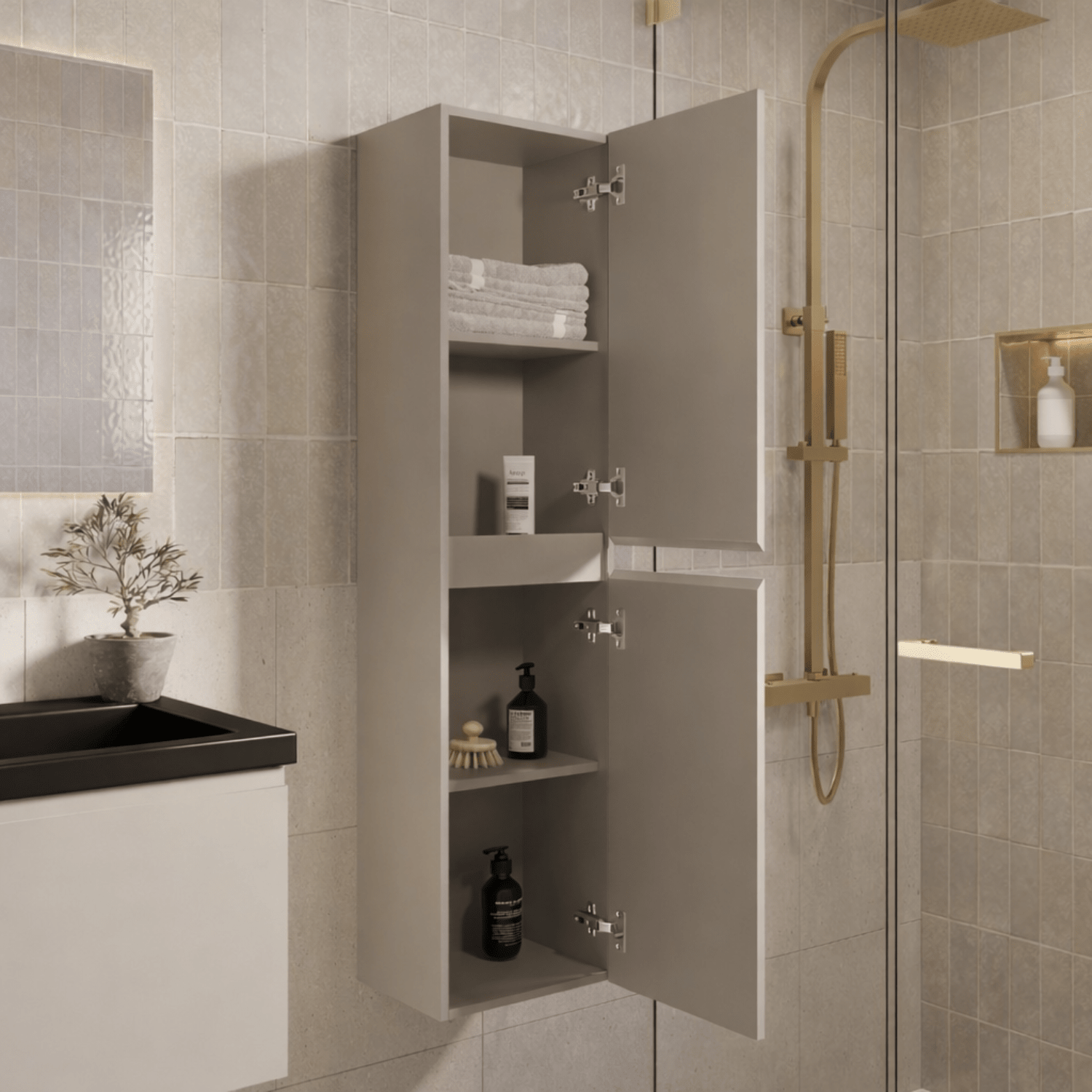 Badmeubelset SORRENTO 60cm - Met Kolomkast - Greige - Wastafel Zwart - lomazoo.com