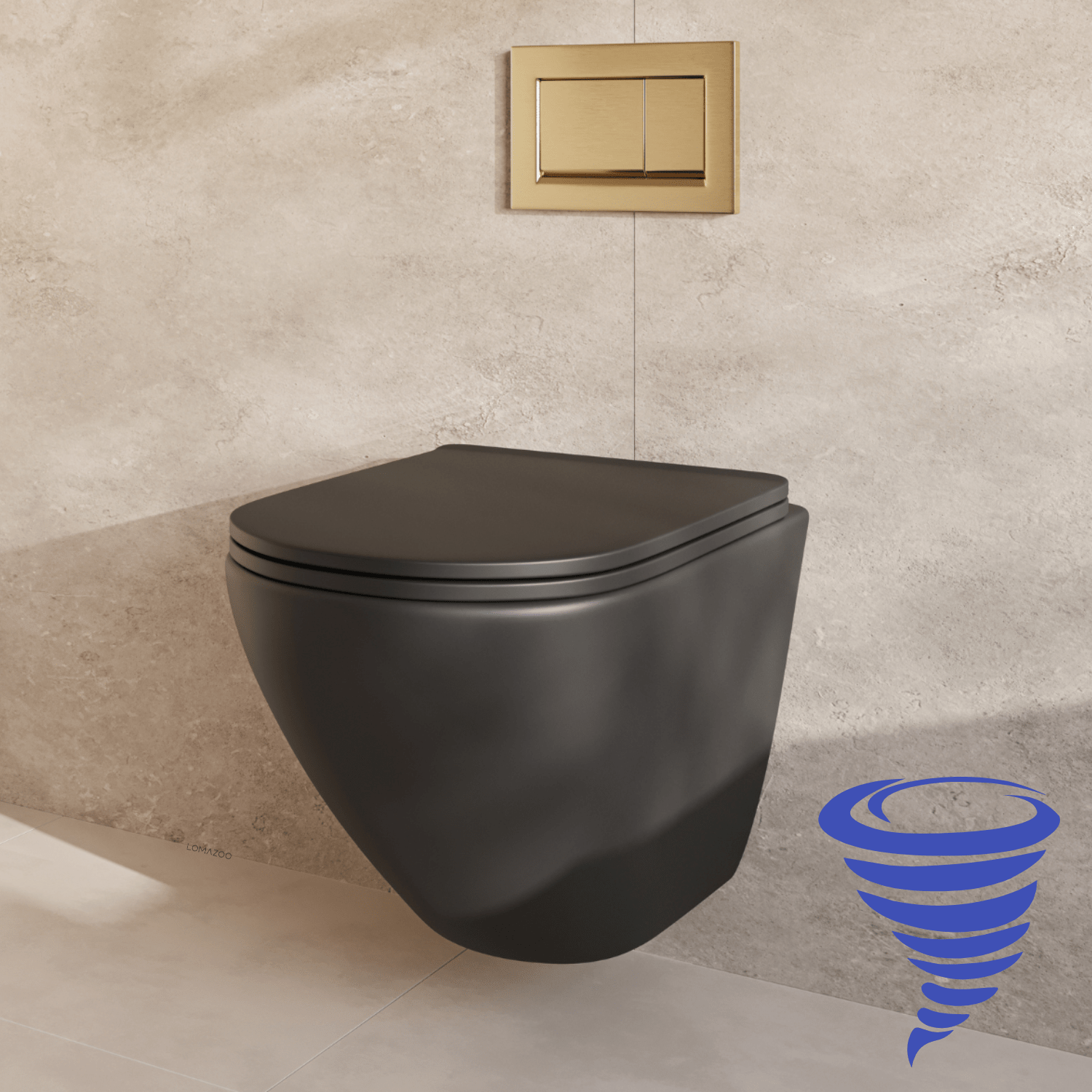 Hangtoilet met Inbouwreservoir - Rond Zwart - Drukplaat Vierkant Goud - Linea - lomazoo.com