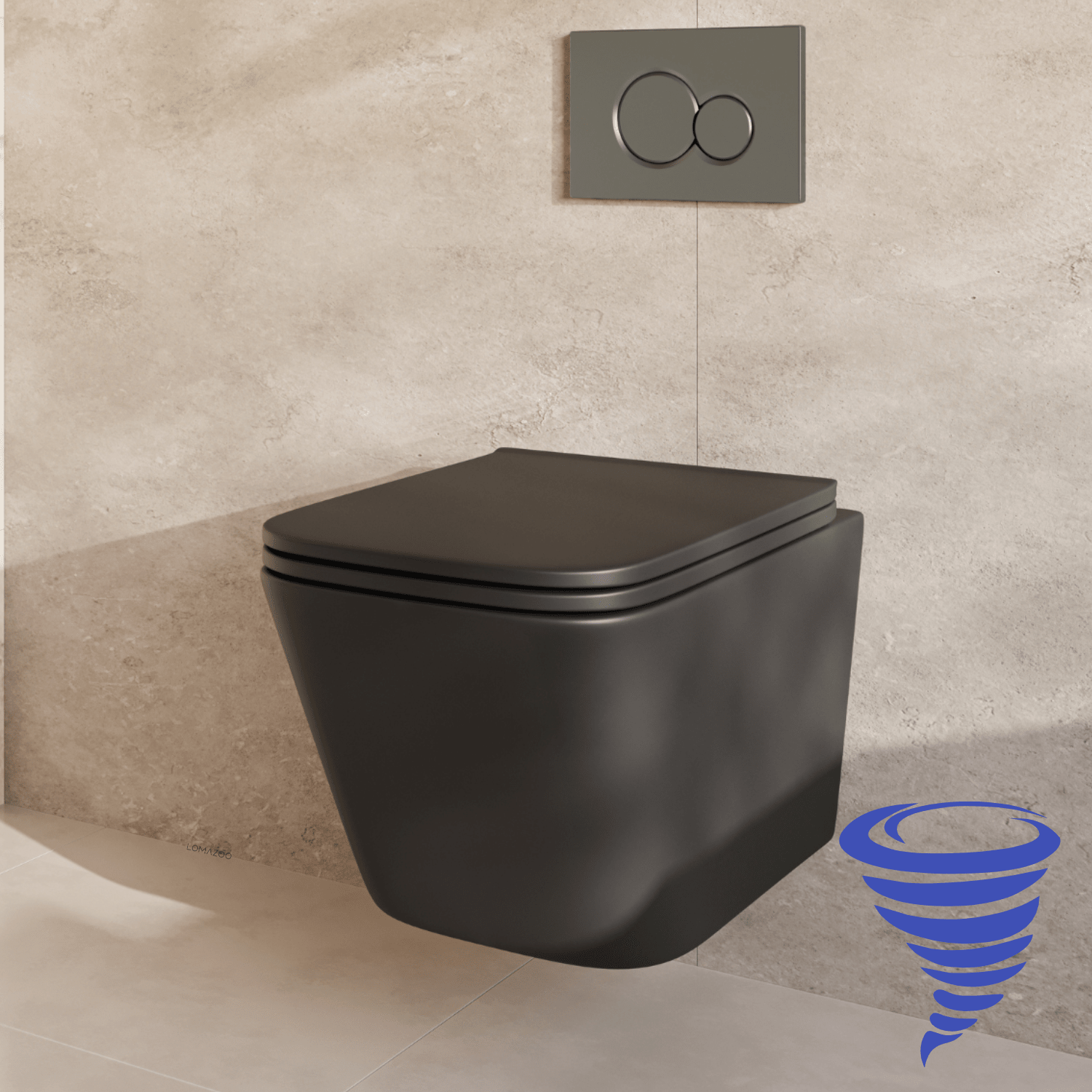 Hangtoilet met Inbouwreservoir - Vierkant Zwart - Drukplaat Rond Gunmetal - Linea - lomazoo.com