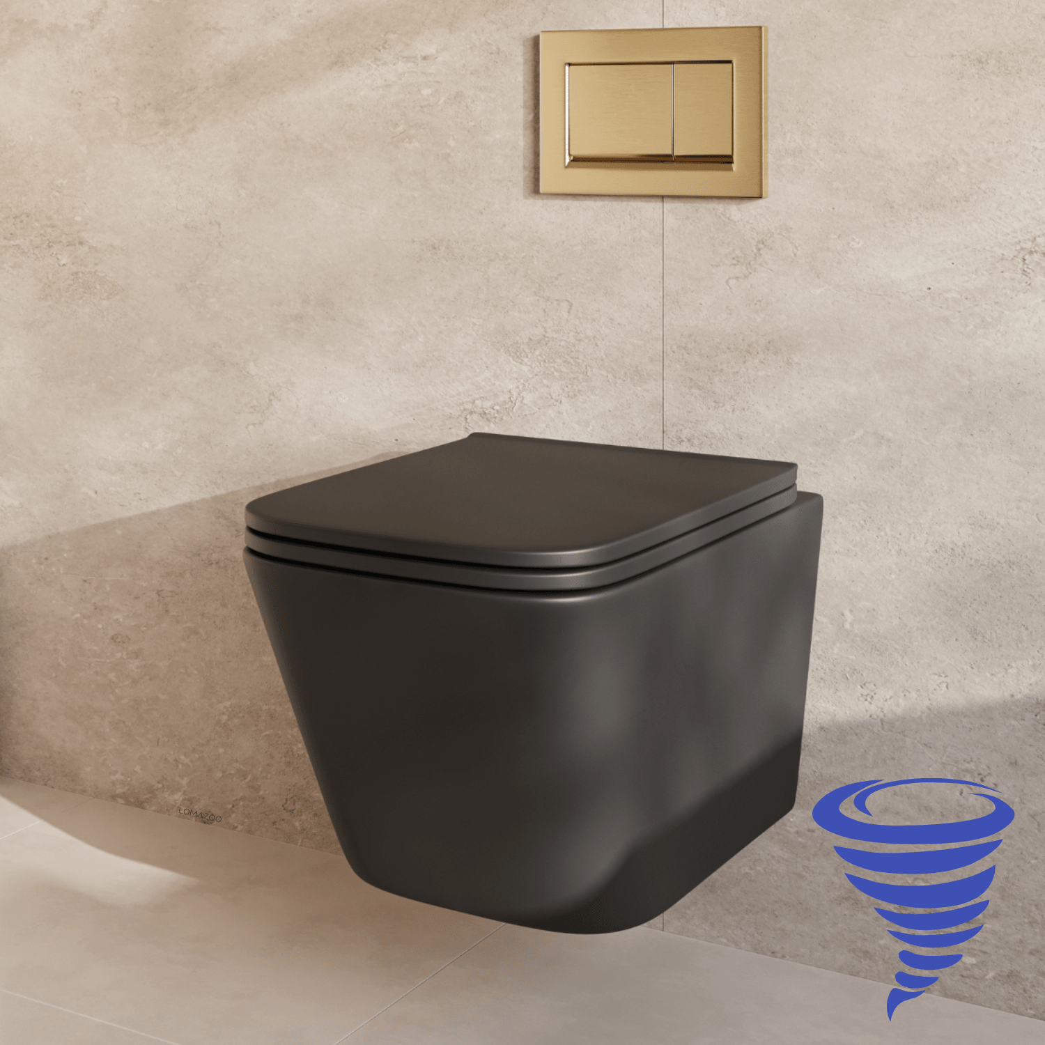 Hangtoilet met Inbouwreservoir - Vierkant Zwart - Drukplaat Vierkant Goud - Linea - lomazoo.com