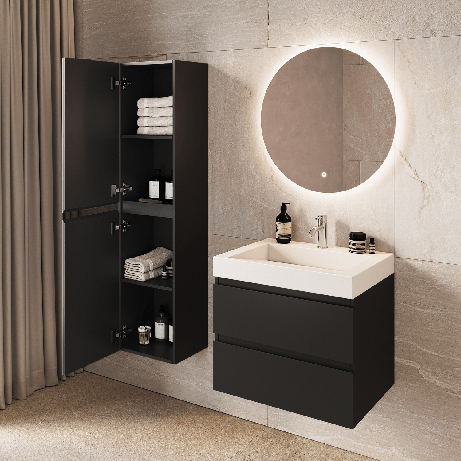 AZURO Mat Zwart - Wastafel Wit - Met Kolomkast - 60cm - lomazoo.com