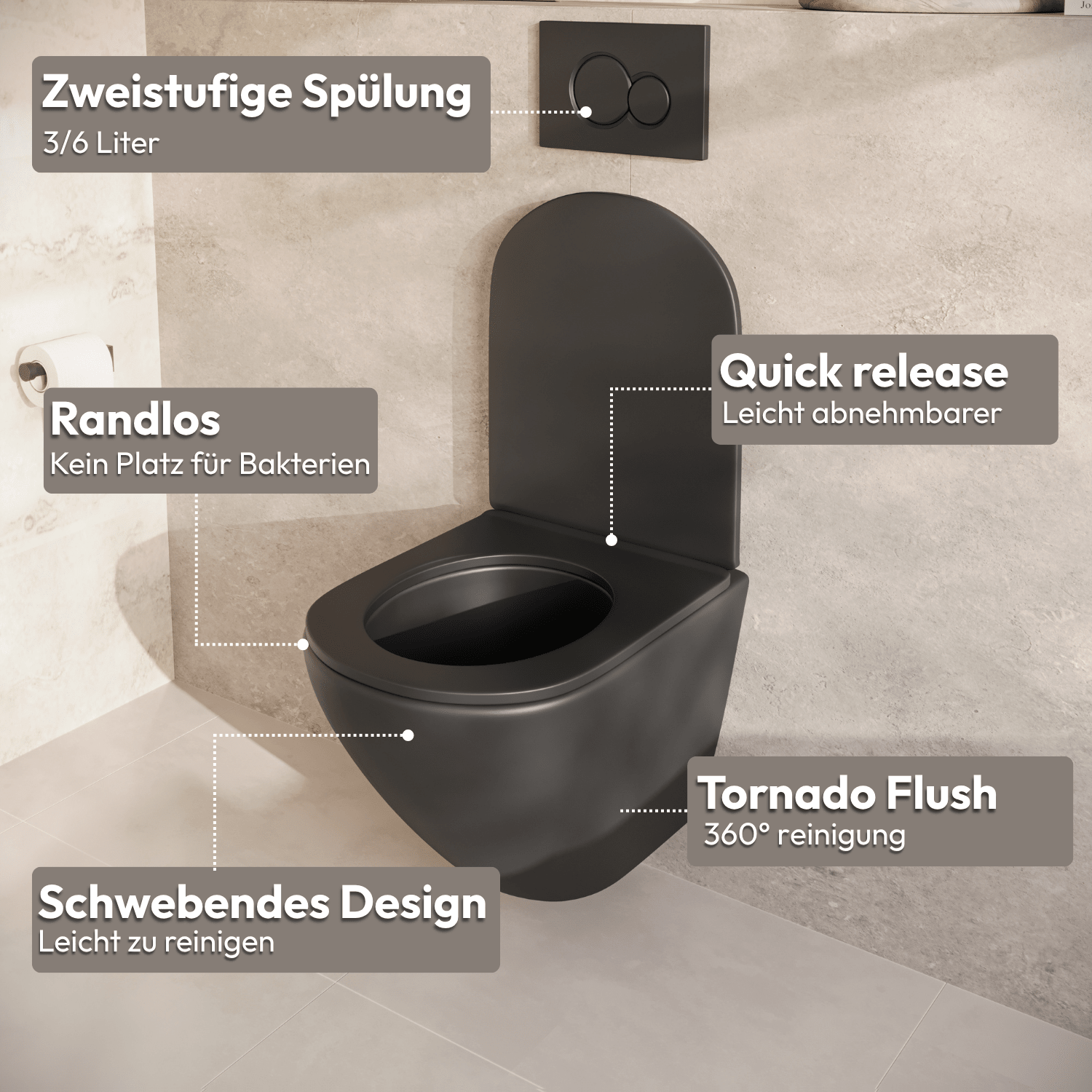 Hangtoilet met Inbouwreservoir - Rond Zwart - Drukplaat Rond Zwart - Linea - lomazoo.com