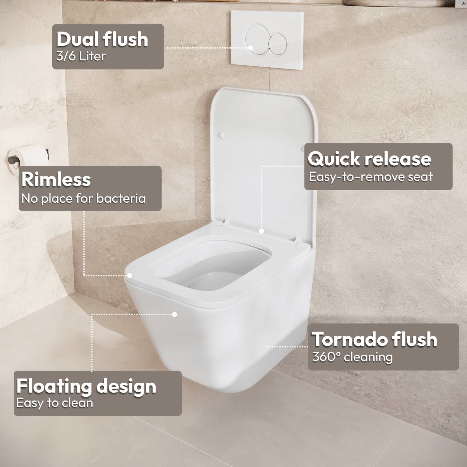 Hangtoilet met Inbouwreservoir - Vierkant Wit - Drukplaat Vierkant Chroom - Linea - lomazoo.com