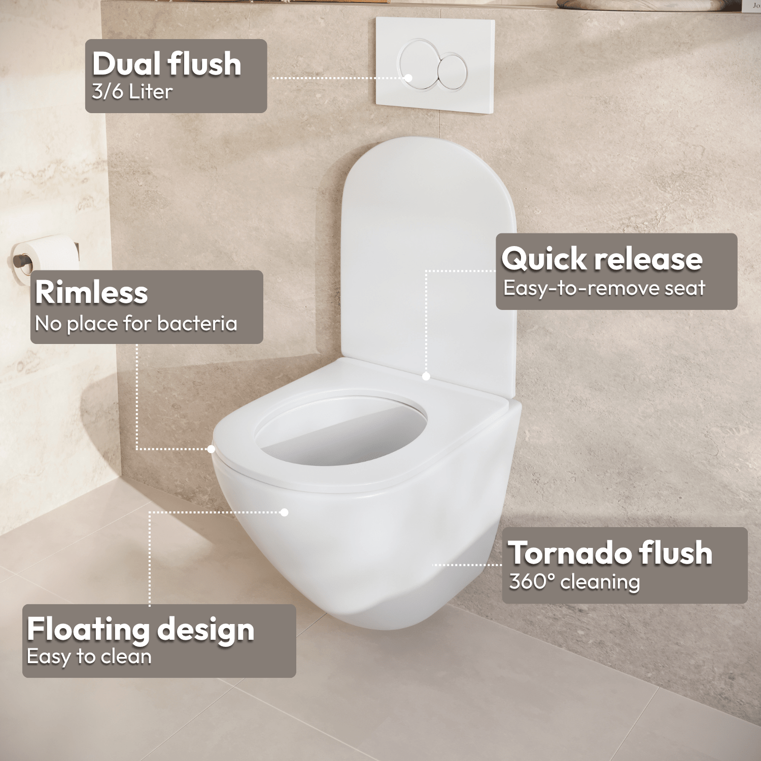 Hangtoilet met Inbouwreservoir - Rond Wit - Drukplaat Vierkant Goud - Linea - lomazoo.com