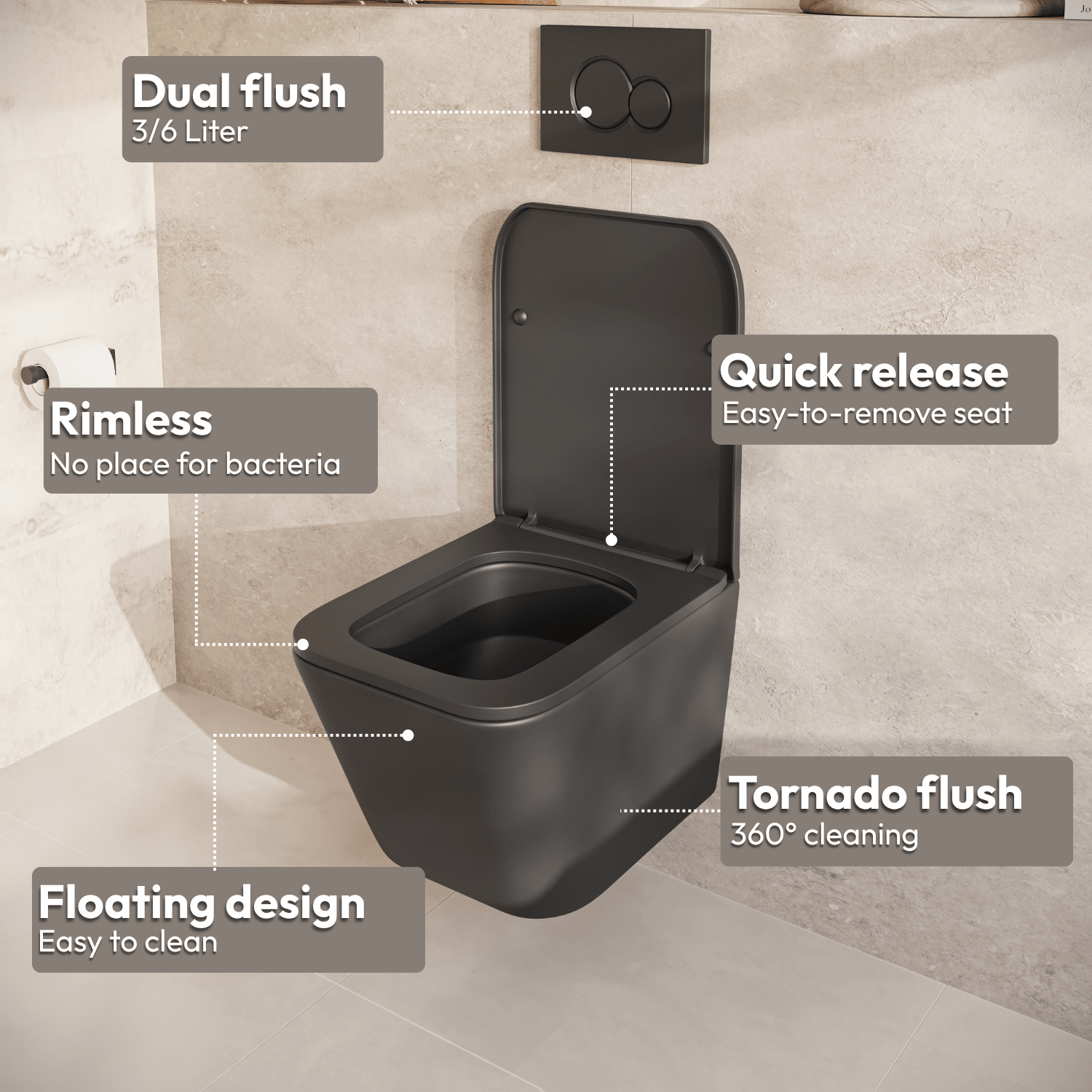 Hangtoilet met Inbouwreservoir - Vierkant Zwart - Drukplaat Vierkant Goud - Linea - lomazoo.com