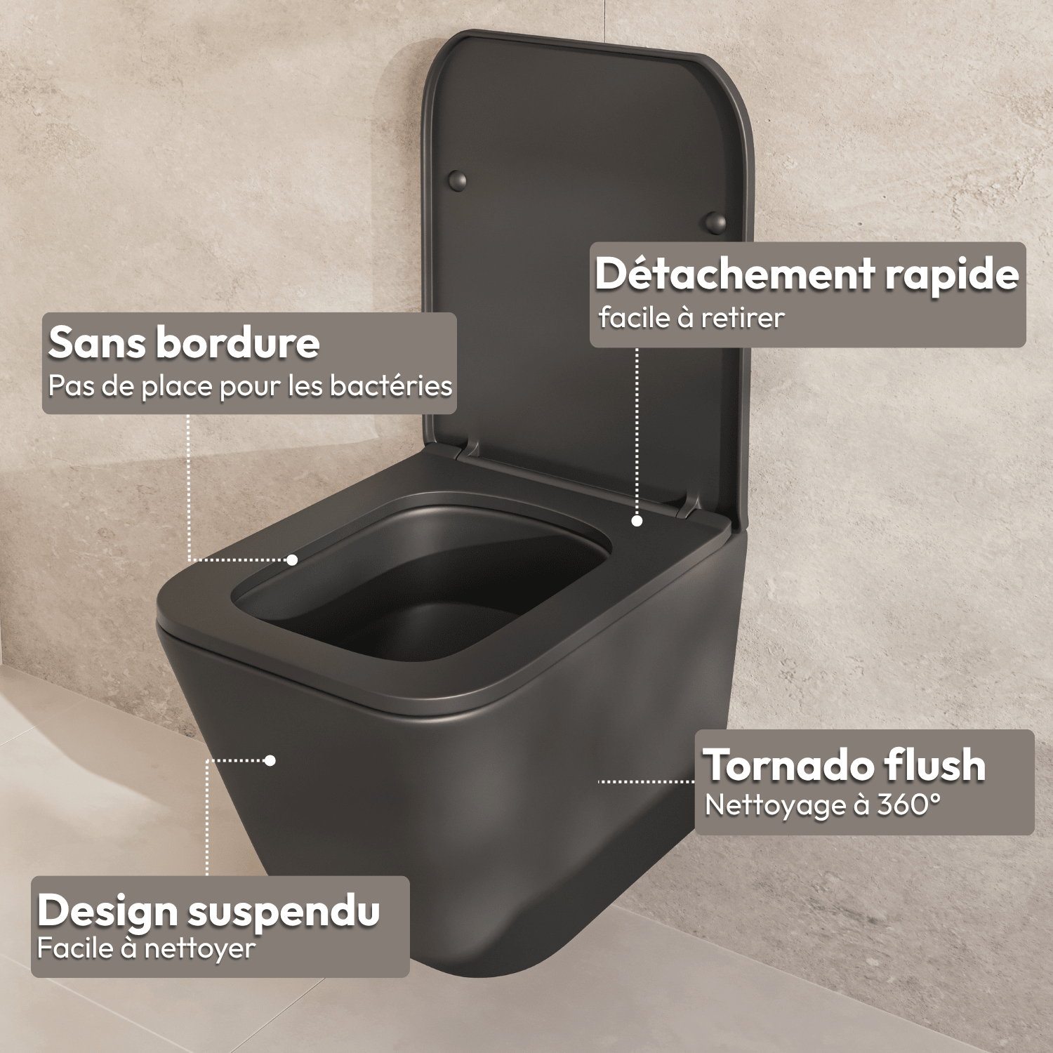 LINEA Hangend Toilet - Zwart - Vierkant - lomazoo.com