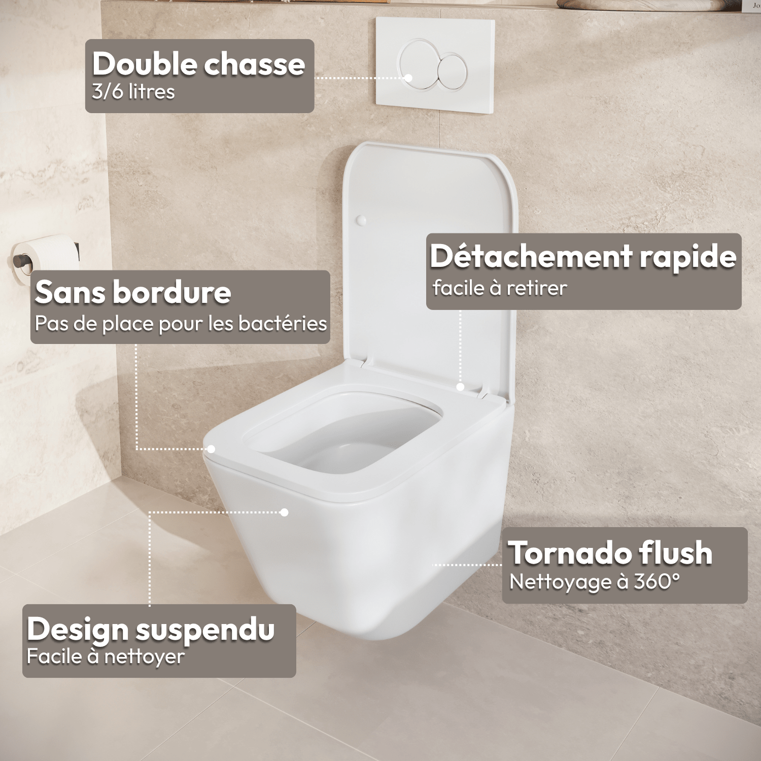 Hangtoilet met Inbouwreservoir - Vierkant Wit - Drukplaat Vierkant Goud - Linea - lomazoo.com