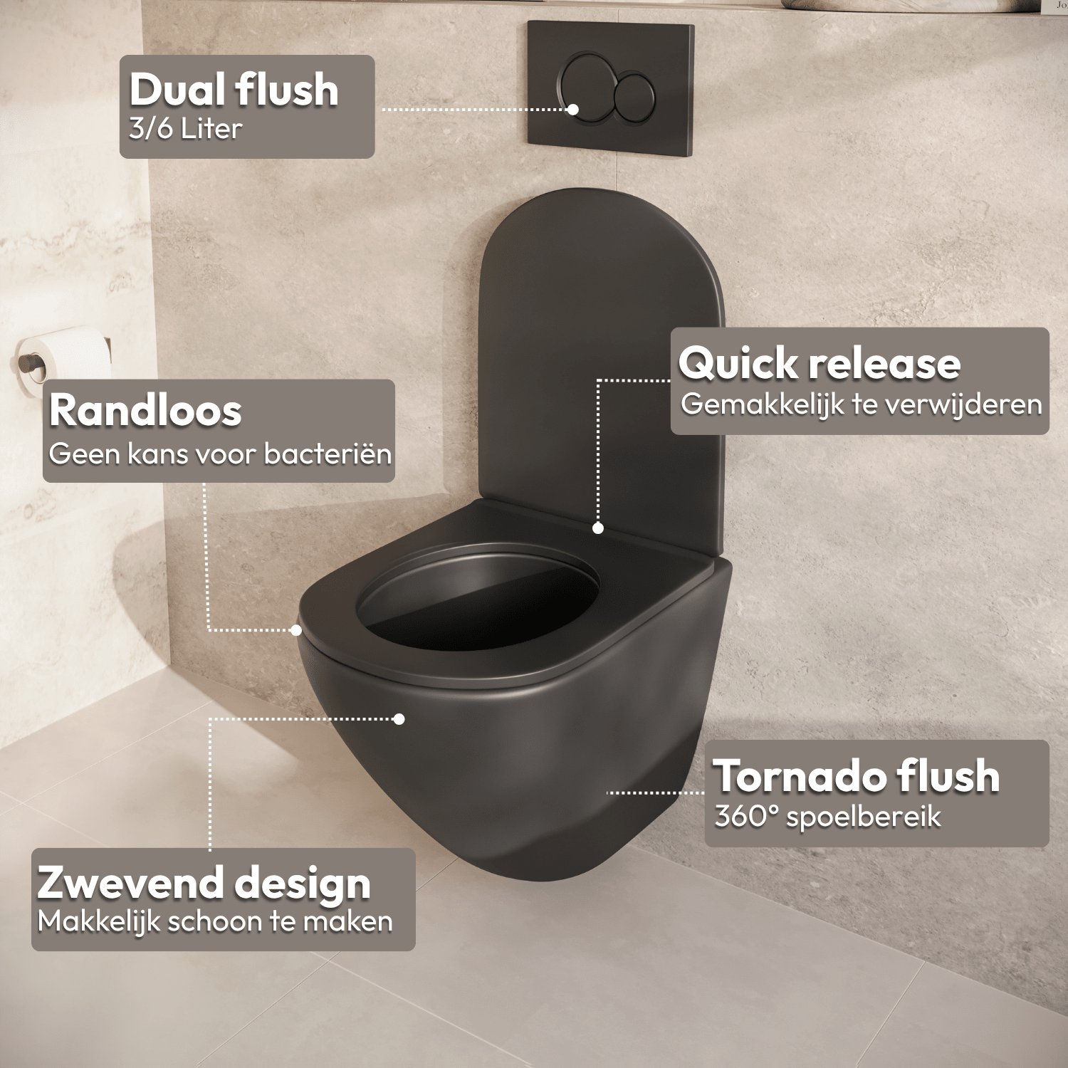 Hangtoilet met Inbouwreservoir - Rond Zwart - Drukplaat Vierkant Gunmetal - Linea - lomazoo.com