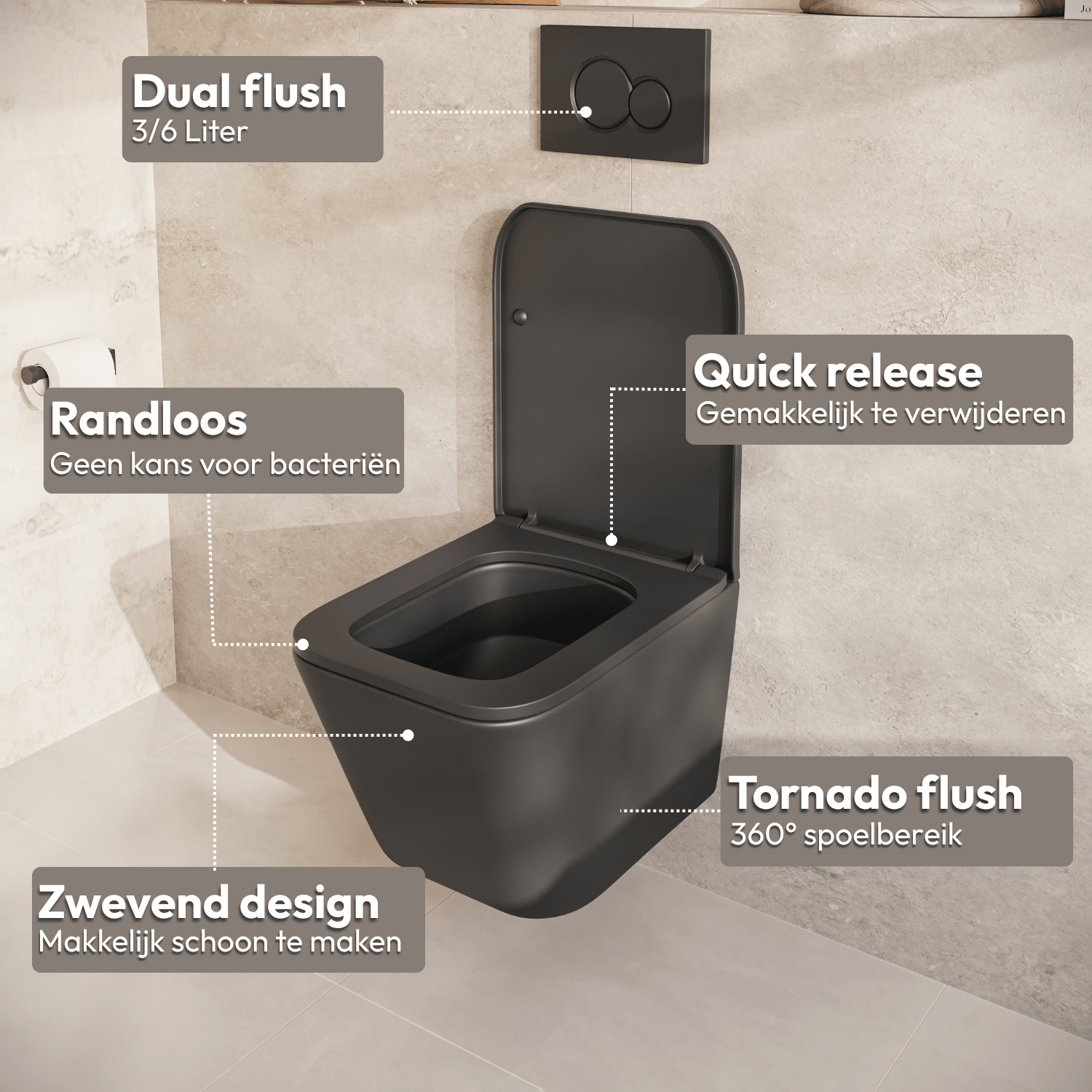 Hangtoilet met Inbouwreservoir - Vierkant Zwart - Drukplaat Rond Wit - Linea - lomazoo.com