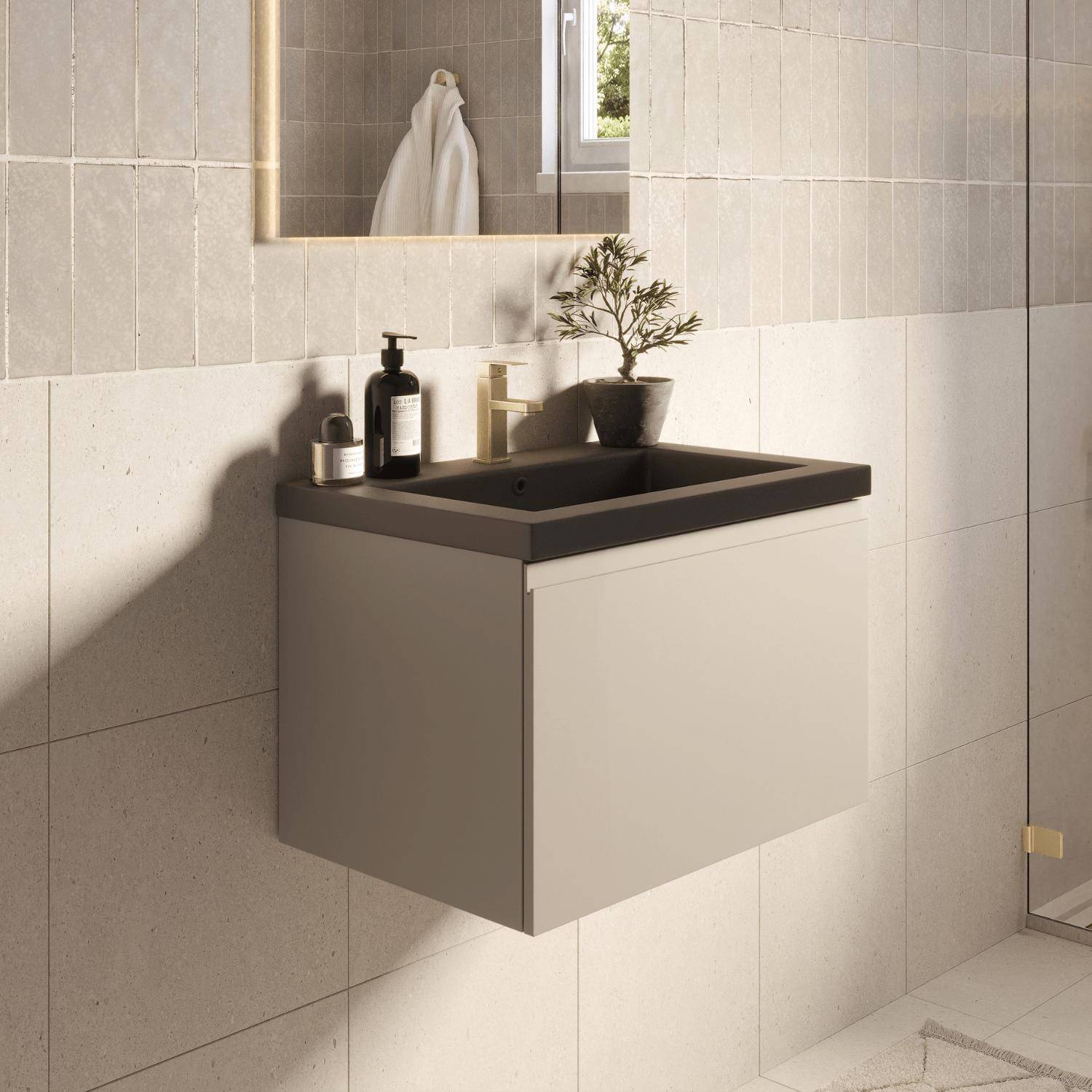 Badmeubelset SORRENTO 60cm - Met Kolomkast - Greige - Wastafel Zwart - lomazoo.com