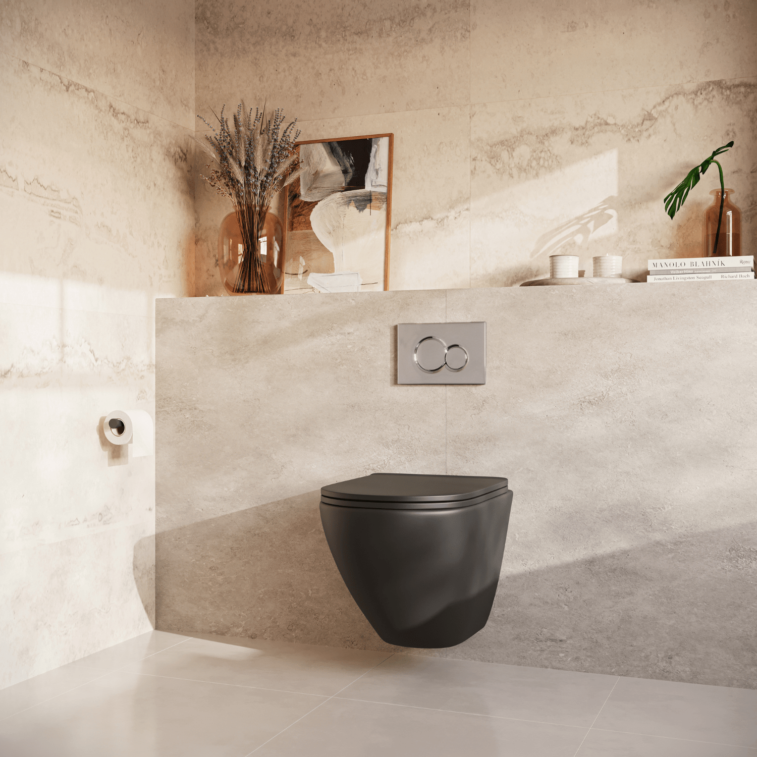 Hangtoilet met Inbouwreservoir - Rond Zwart - Drukplaat Rond Chroom - Linea - lomazoo.com