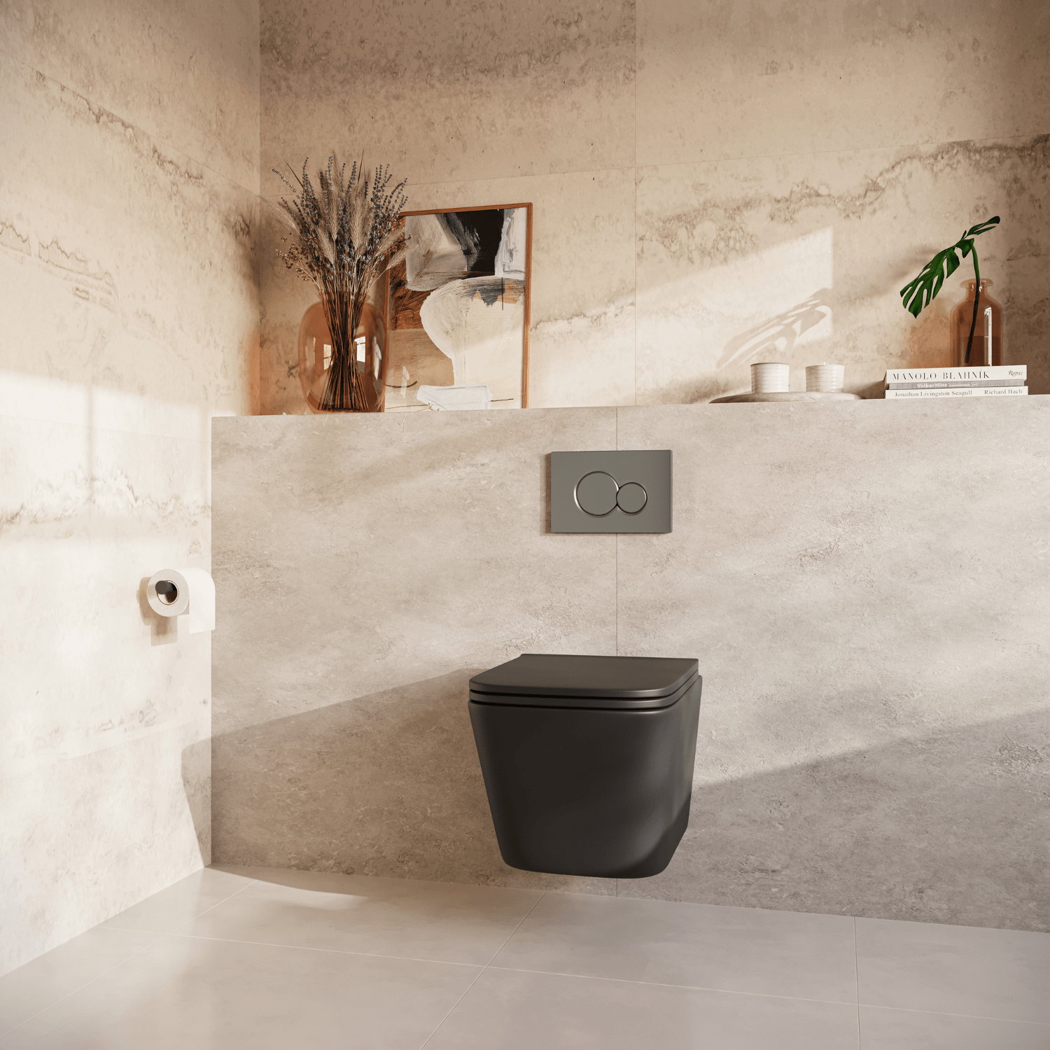 Hangtoilet met Inbouwreservoir - Vierkant Zwart - Drukplaat Rond Gunmetal - Linea - lomazoo.com