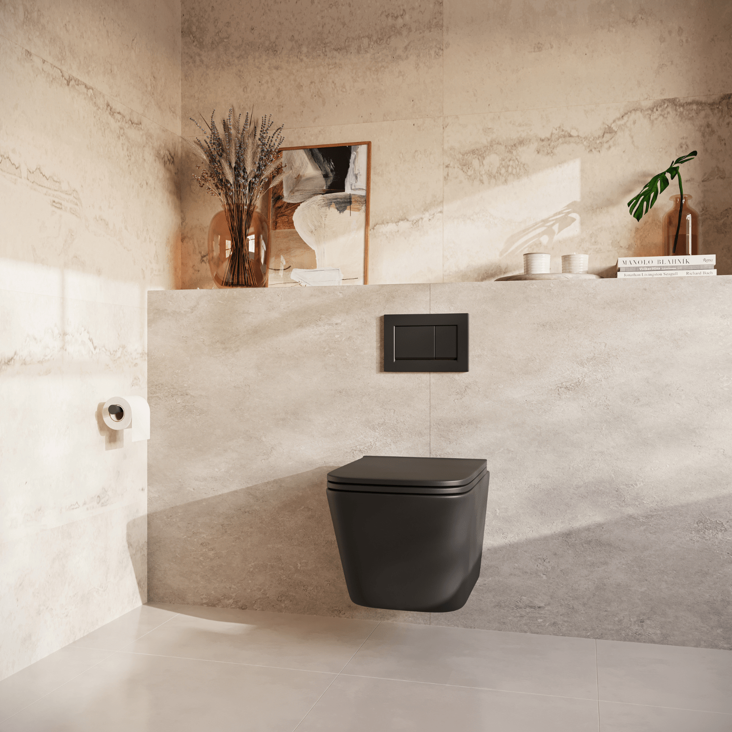 Hangtoilet met Inbouwreservoir - Vierkant Zwart - Drukplaat Vierkant Zwart - Linea - lomazoo.com