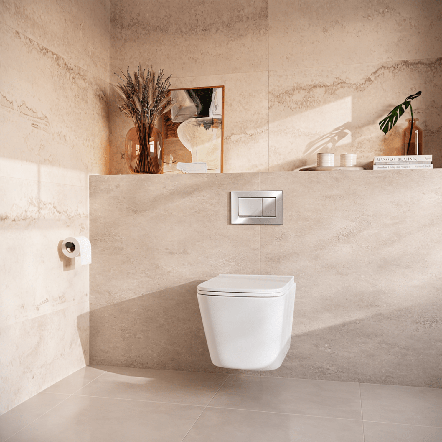 Hangtoilet met Inbouwreservoir - Vierkant Wit - Drukplaat Vierkant Chroom - Linea - lomazoo.com