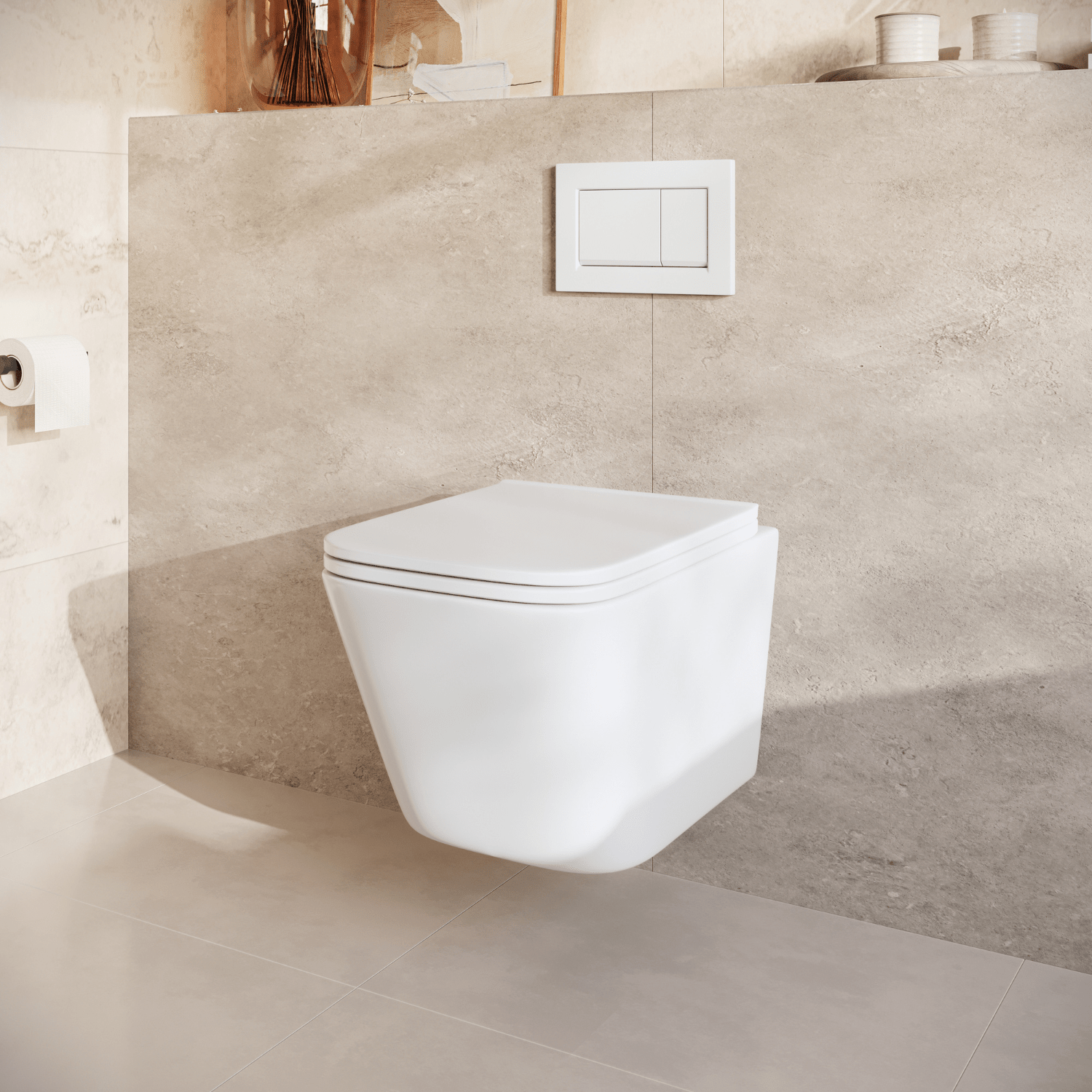 Hangtoilet met Inbouwreservoir - Vierkant Wit - Drukplaat Vierkant Wit - Linea - lomazoo.com