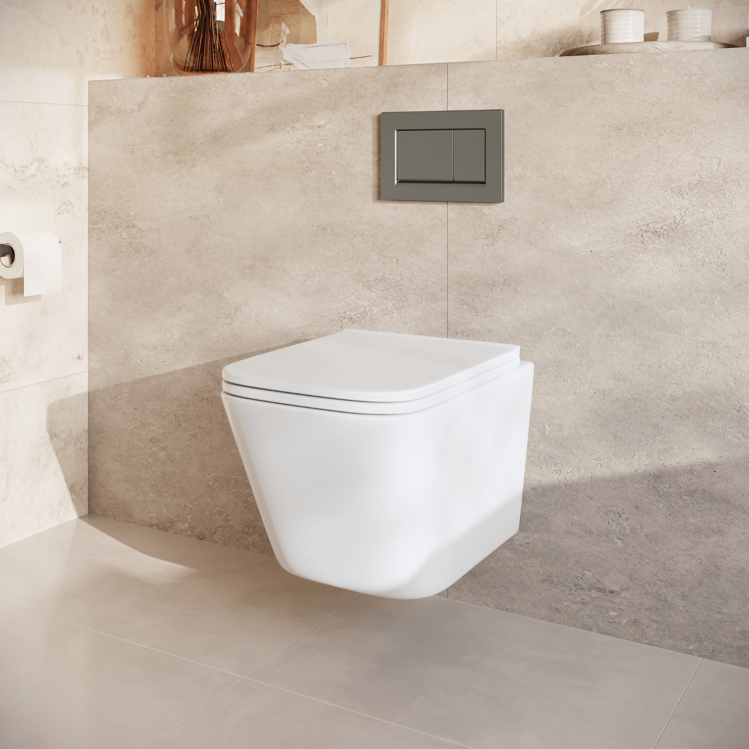 Hangtoilet met Inbouwreservoir - Vierkant Wit - Drukplaat Vierkant Gunmetal - Linea - lomazoo.com