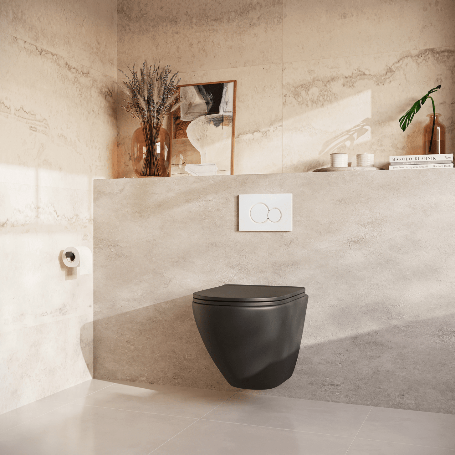Hangtoilet met Inbouwreservoir - Rond Zwart - Drukplaat Rond Wit - Linea - lomazoo.com