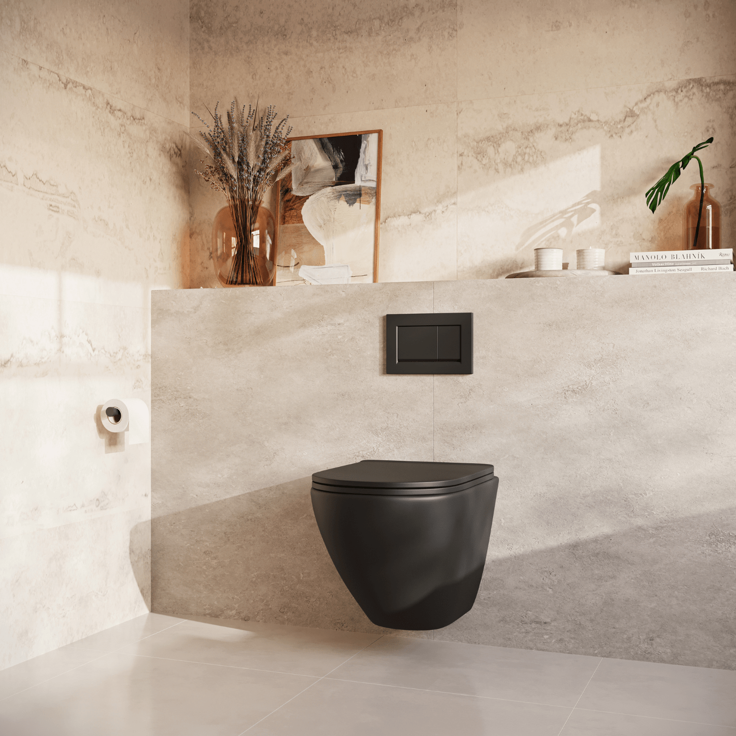 Hangtoilet met Inbouwreservoir - Rond Zwart - Drukplaat Vierkant Zwart - Linea - lomazoo.com