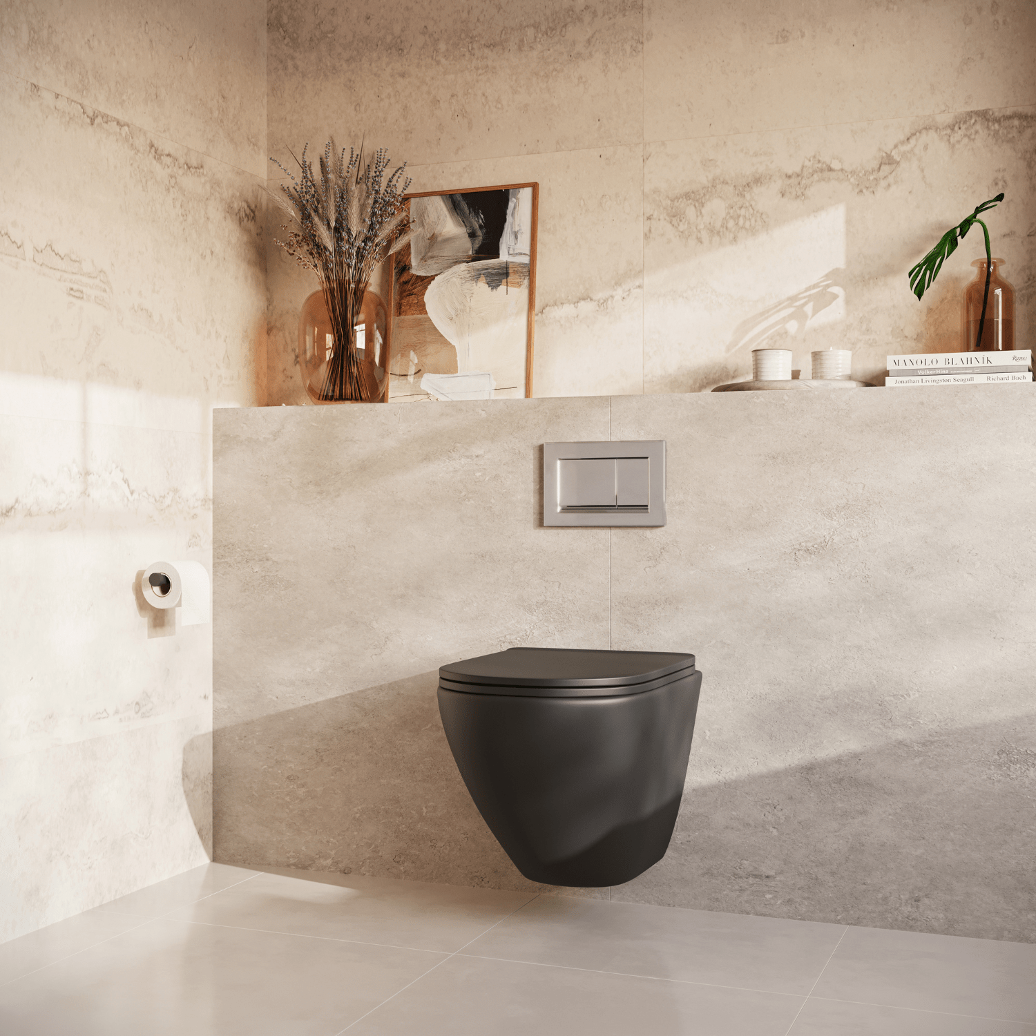 Hangtoilet met Inbouwreservoir - Rond Zwart - Drukplaat Vierkant Chroom - Linea - lomazoo.com