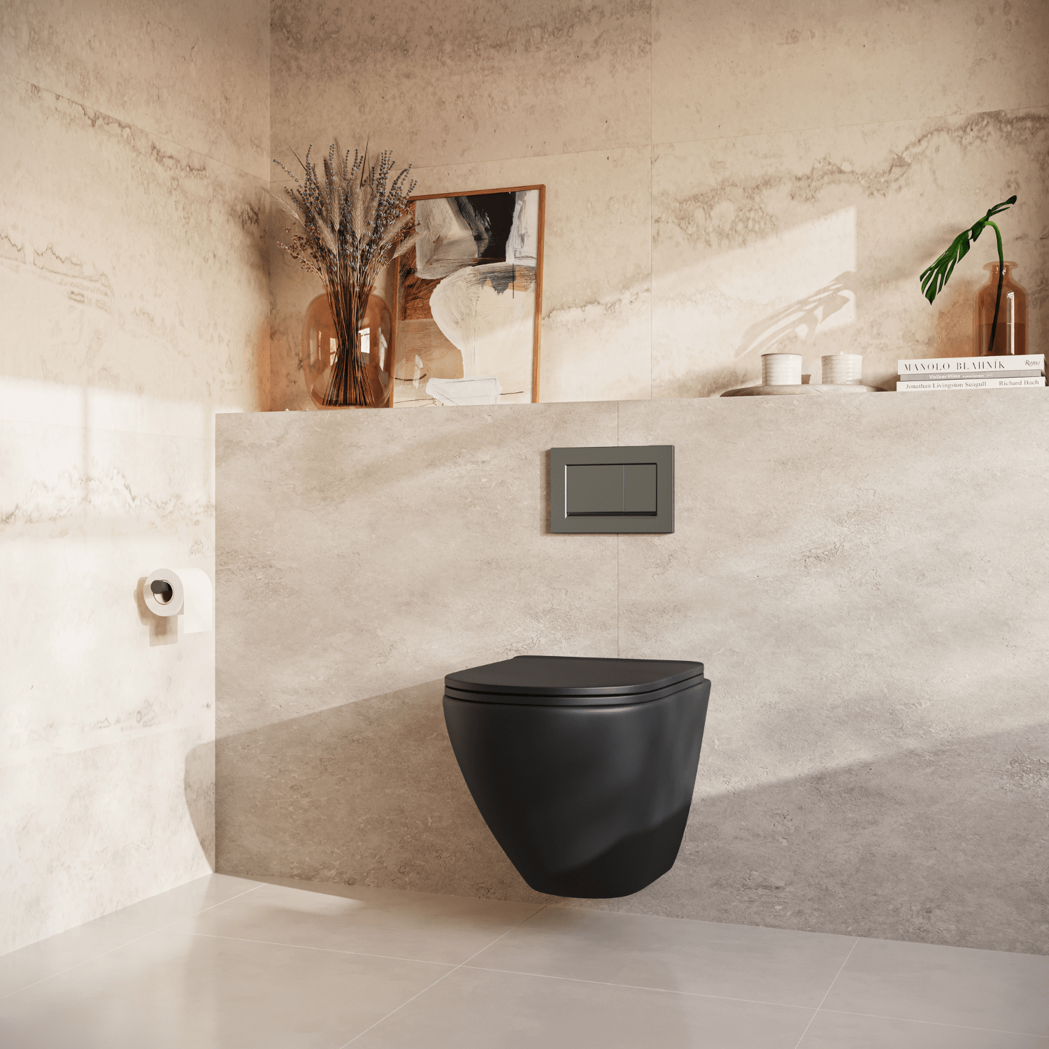 Hangtoilet met Inbouwreservoir - Rond Zwart - Drukplaat Vierkant Gunmetal - Linea - lomazoo.com