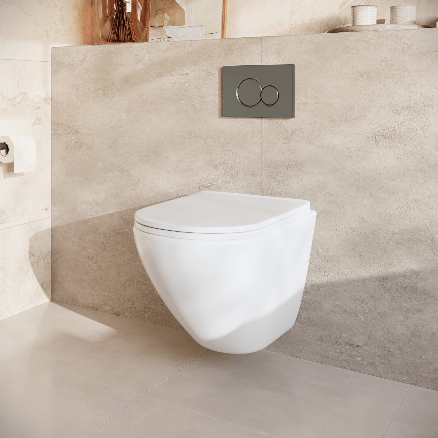 Hangtoilet met Inbouwreservoir - Rond Wit - Drukplaat Rond Gunmetal - Linea - lomazoo.com