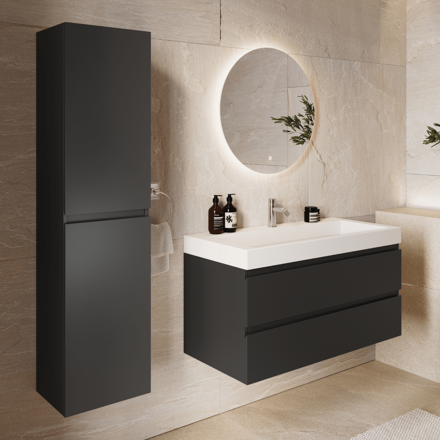 AZURO Mat Zwart - Wastafel Wit - Met Kolomkast - 100cm - lomazoo.com