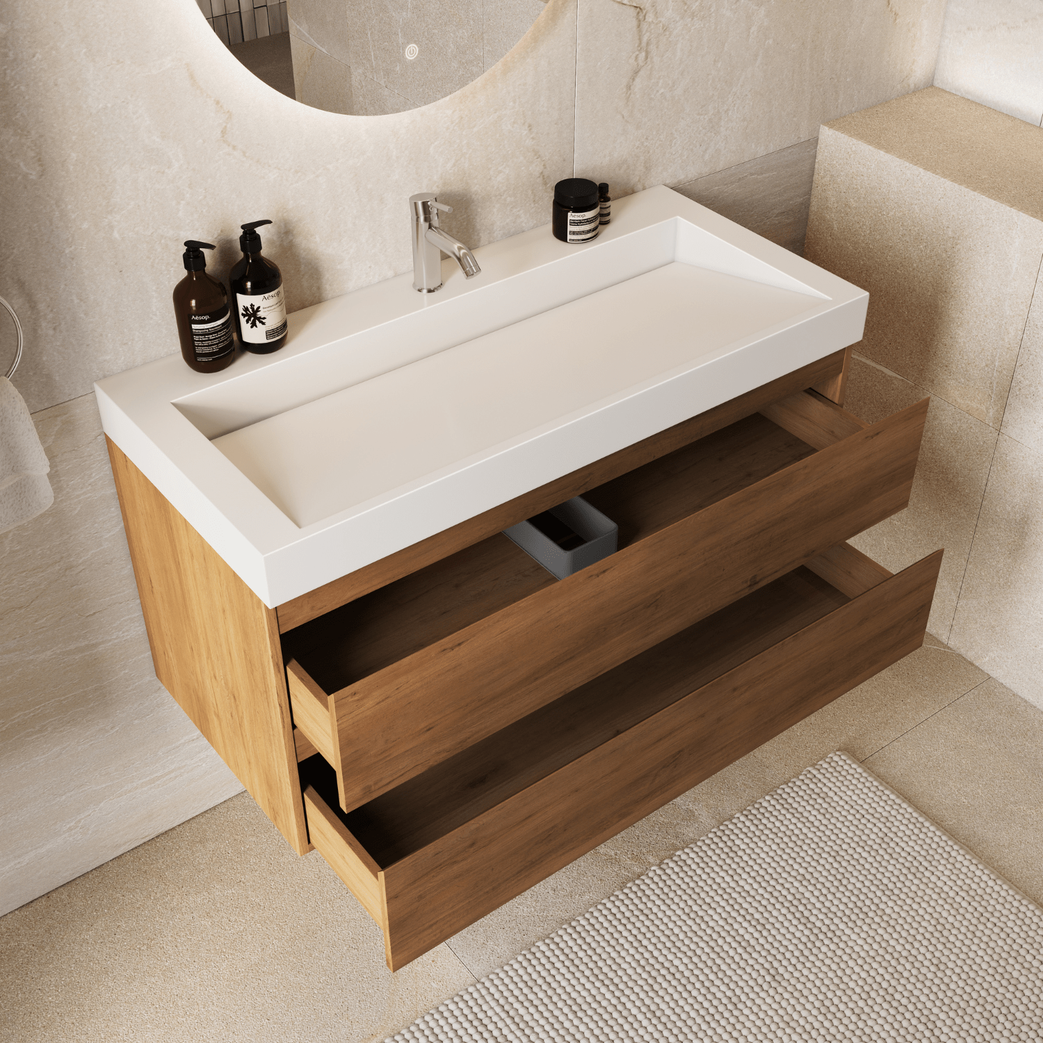 AZURO Warm Eiken - Wastafel Wit - Met Kolomkast - 100cm - lomazoo.com