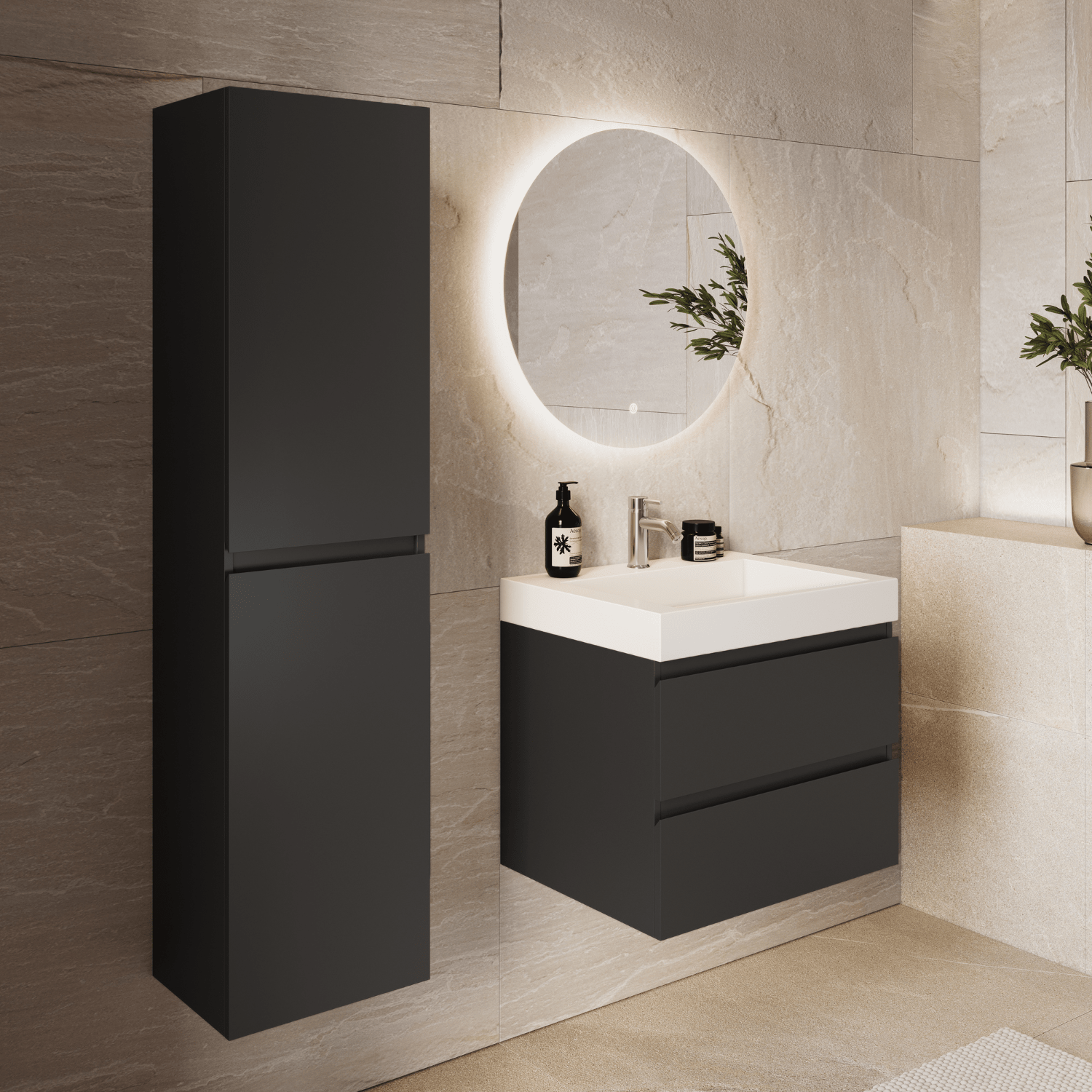 AZURO Mat Zwart - Wastafel Wit - Met Kolomkast - 60cm - lomazoo.com