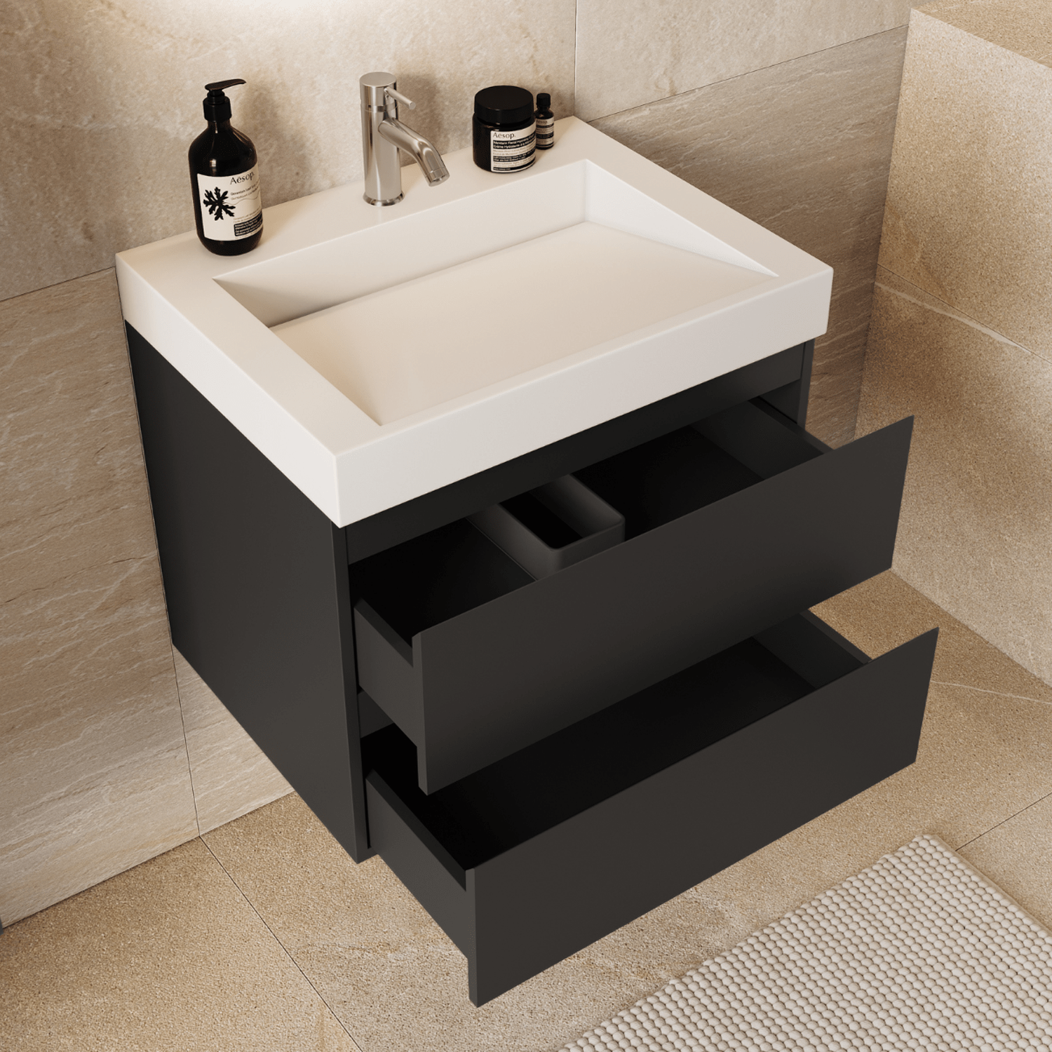 AZURO Mat Zwart - Wastafel Wit - Met Kolomkast - 60cm - lomazoo.com