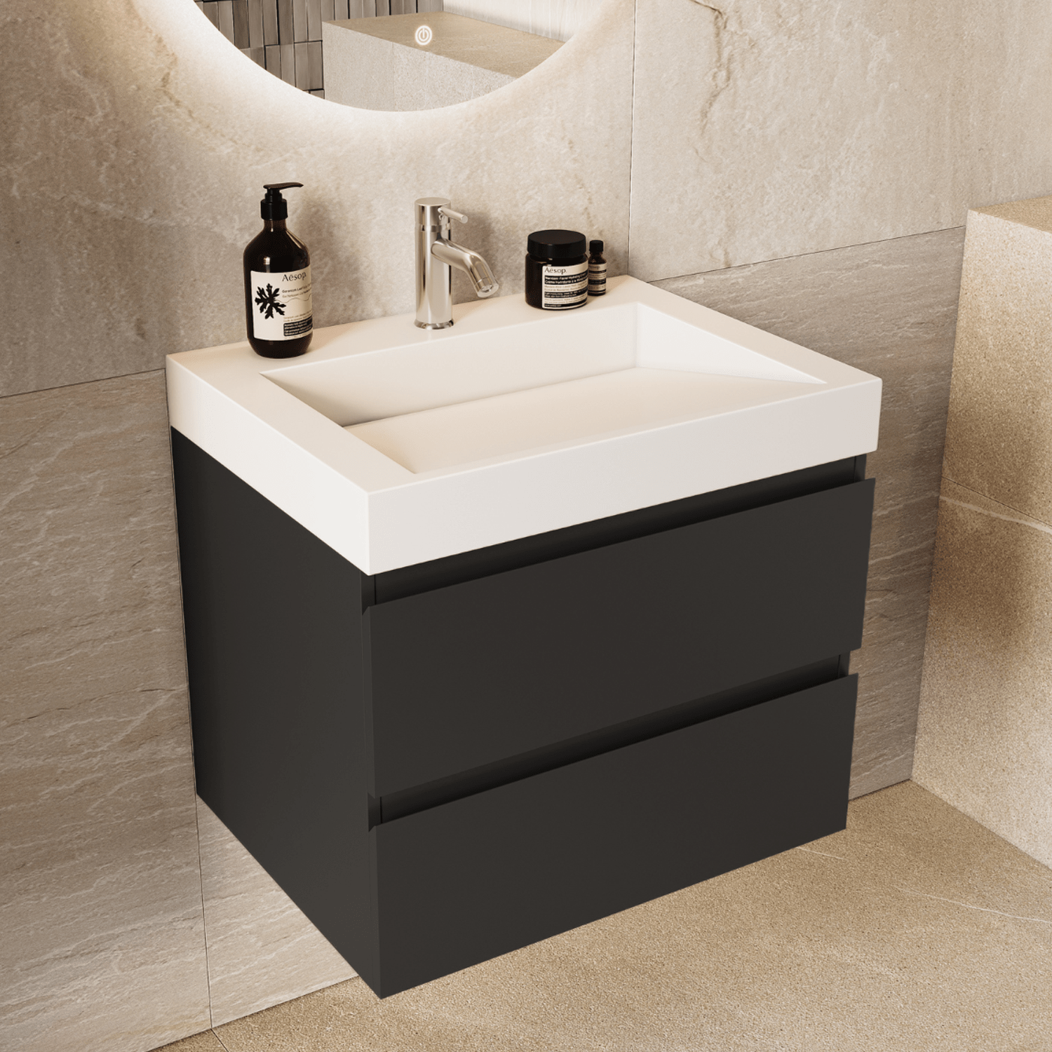 AZURO Mat Zwart - Wastafel Wit - Met Kolomkast - 60cm - lomazoo.com
