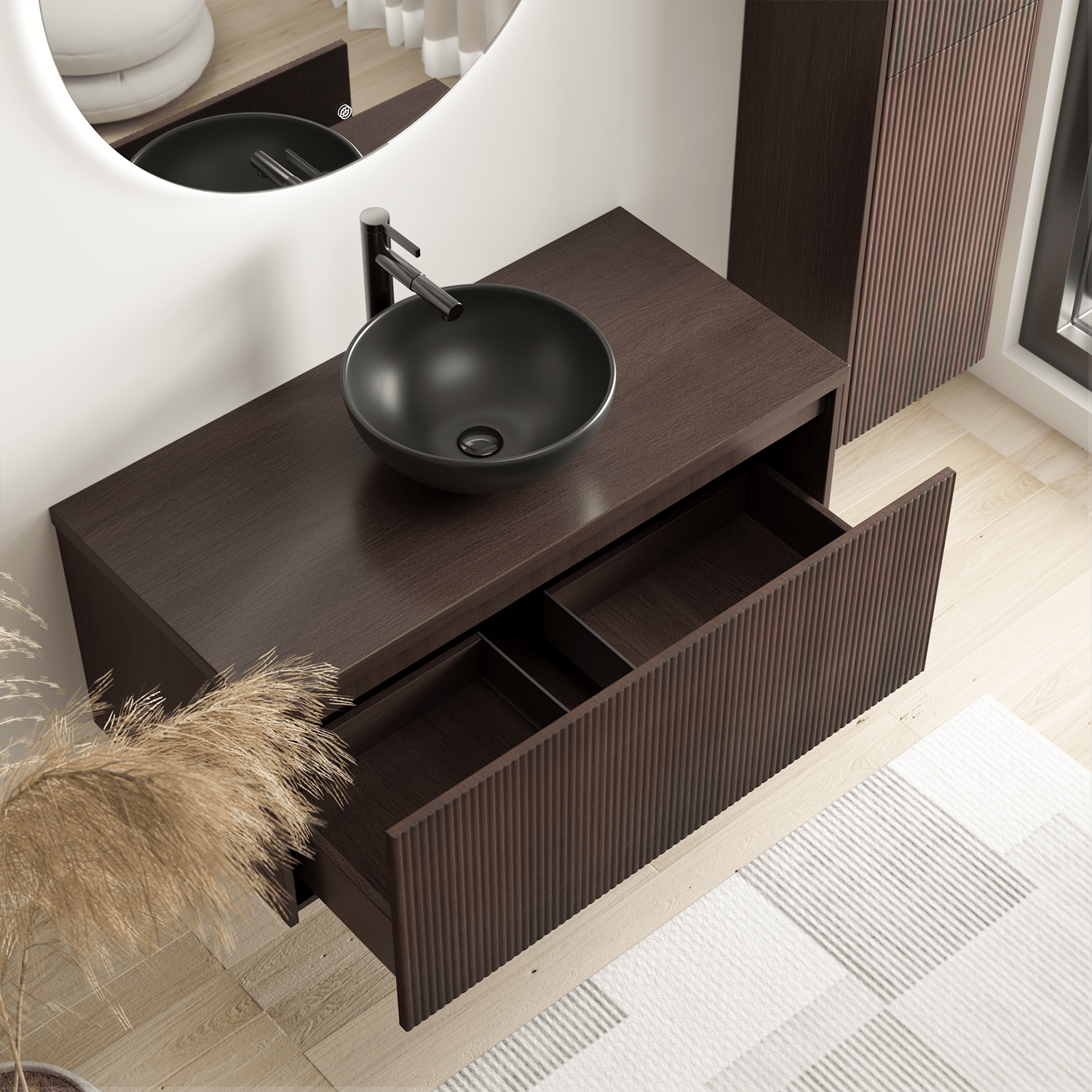 Badmeubelset TROPANI 100 cm - Walnoot - Ribbel front - Waskom Zwart - lomazoo.com