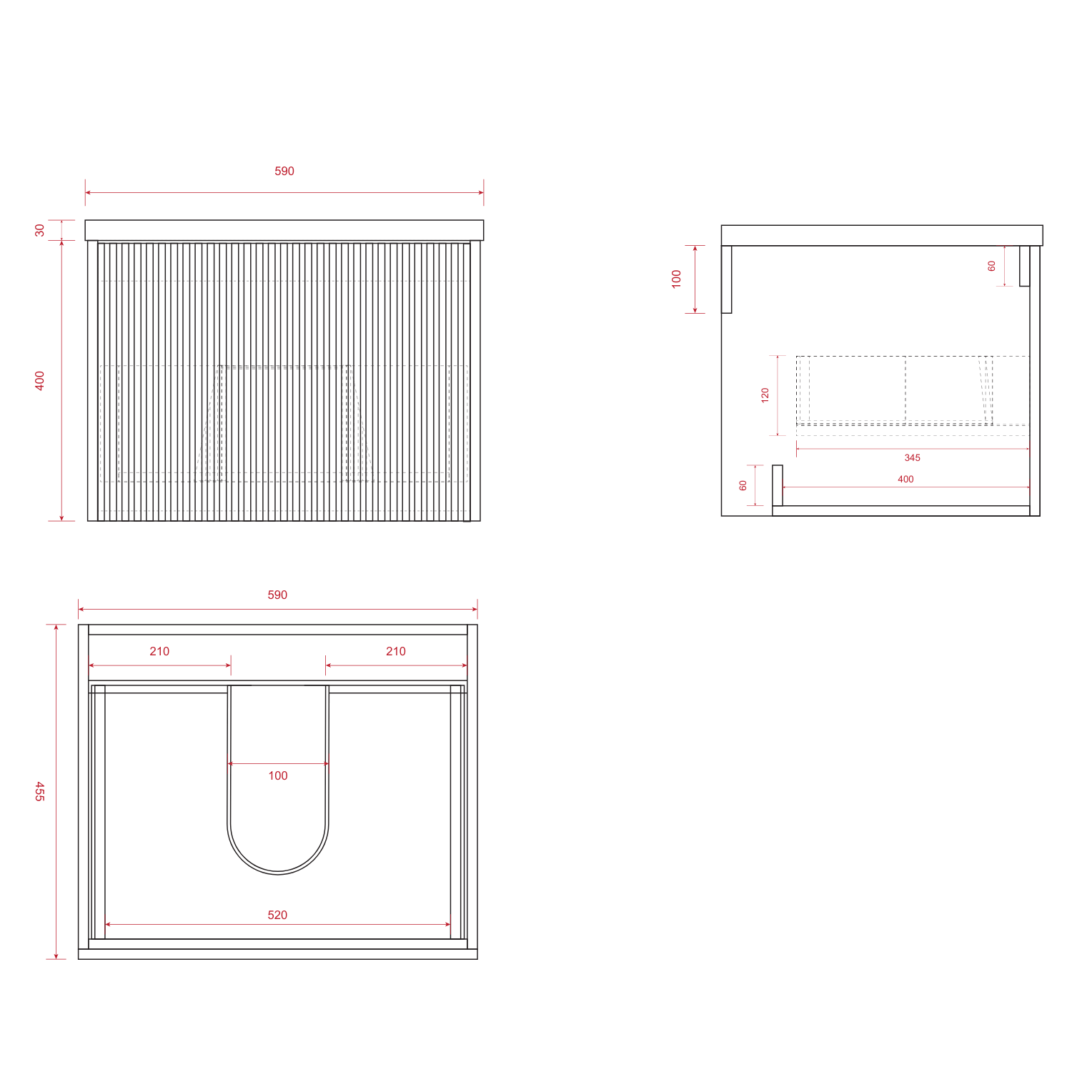 Badmeubelset TROPANI 60 cm - Walnoot - Ribbel front - Waskom Zwart - lomazoo.com