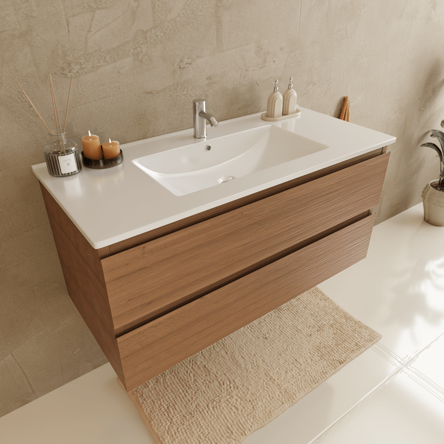 Badmeubelset VERONA 100 cm - Met Kolomkast - Warm Eiken - Wastafel Wit - lomazoo.com