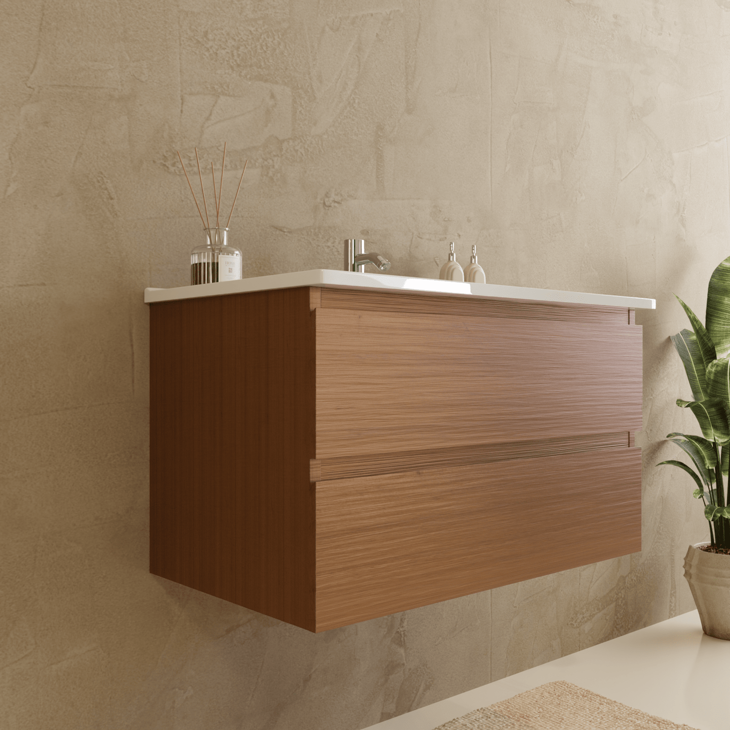 Badmeubelset VERONA 80 cm - Met Kolomkast - Warm Eiken - Wastafel Wit - lomazoo.com