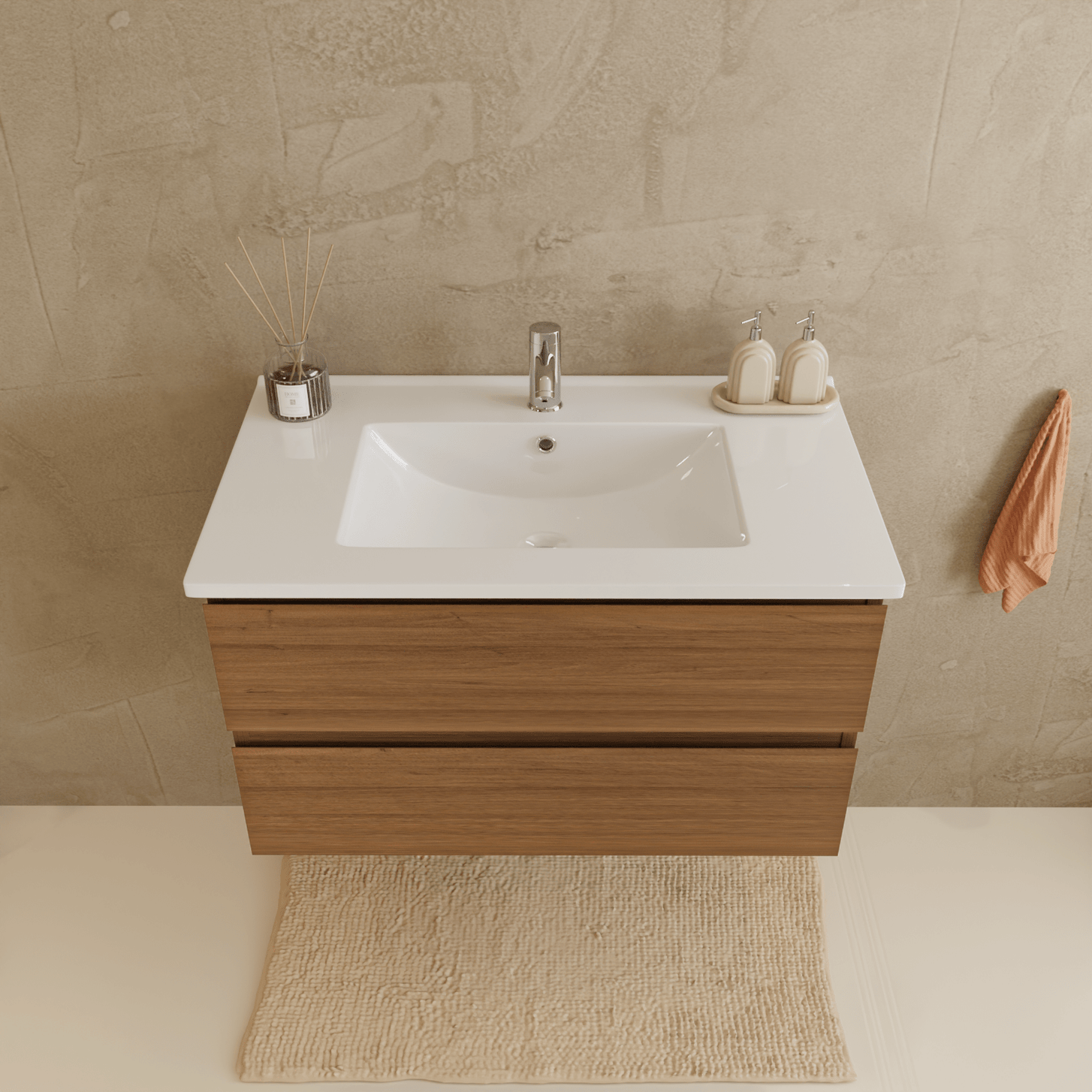 Badmeubelset VERONA 80 cm - Met Kolomkast - Warm Eiken - Wastafel Wit - lomazoo.com