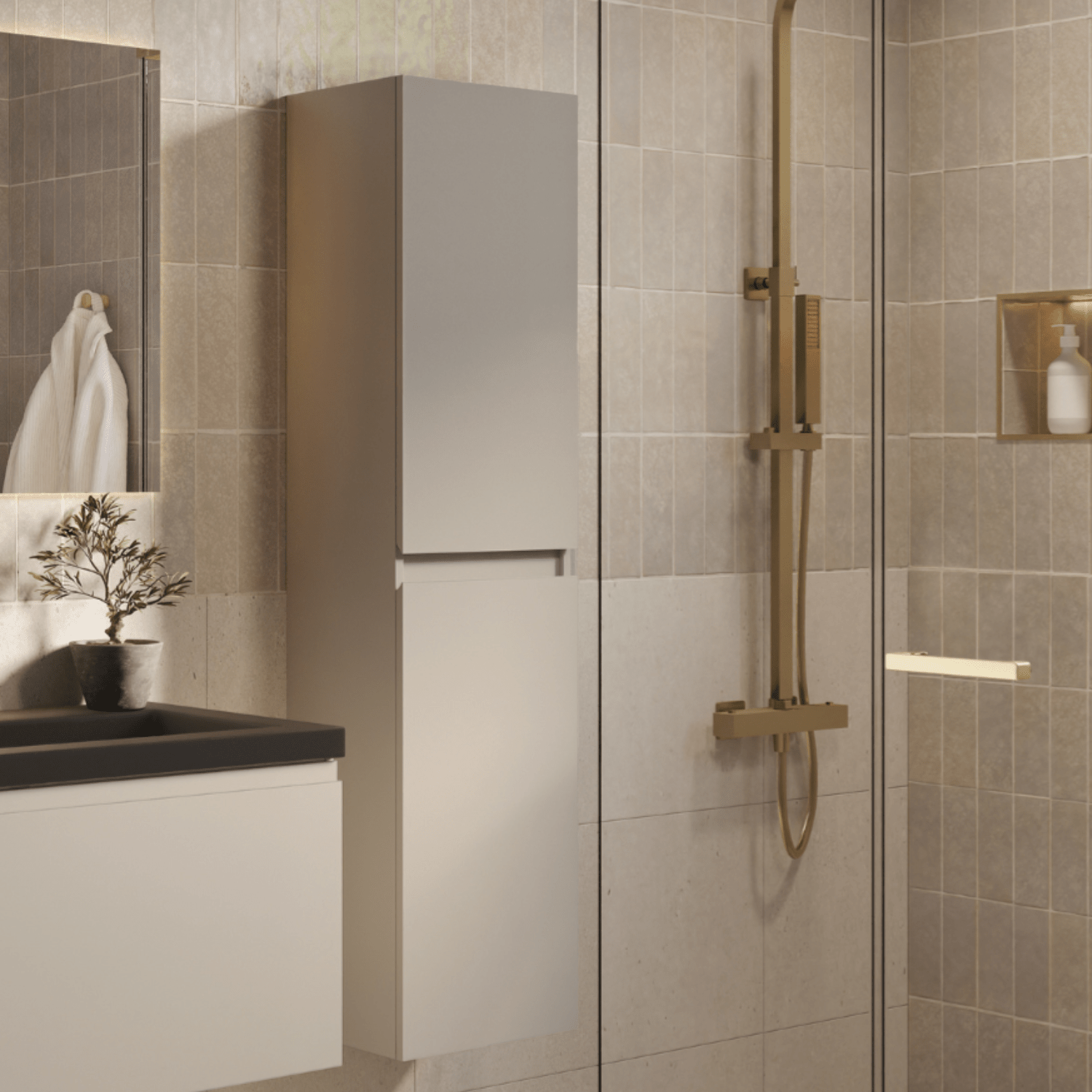 Badmeubelset SORRENTO 60cm - Met Kolomkast - Greige - Wastafel Zwart - lomazoo.com